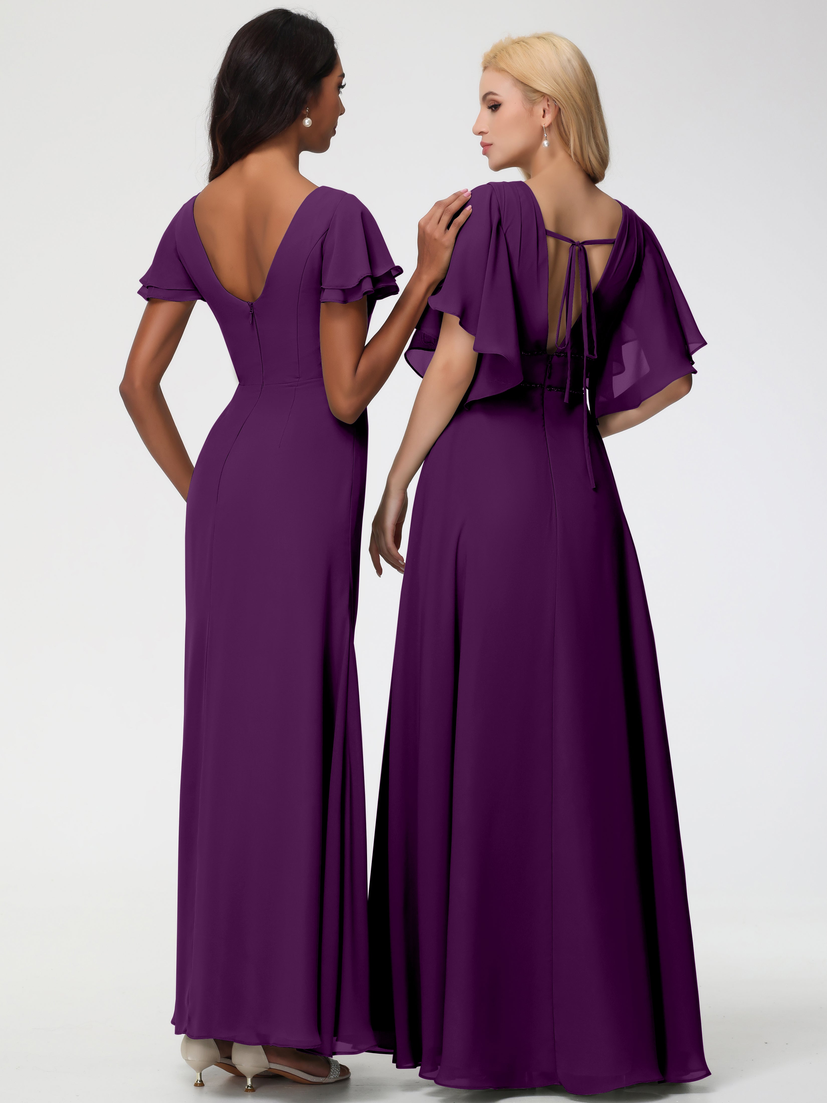 Robes de Demoiselle D'honneur en Raisin Col Rond Manches à Volants Fourreau/Colonne Mousseline Robe Demoiselle d'Honneur