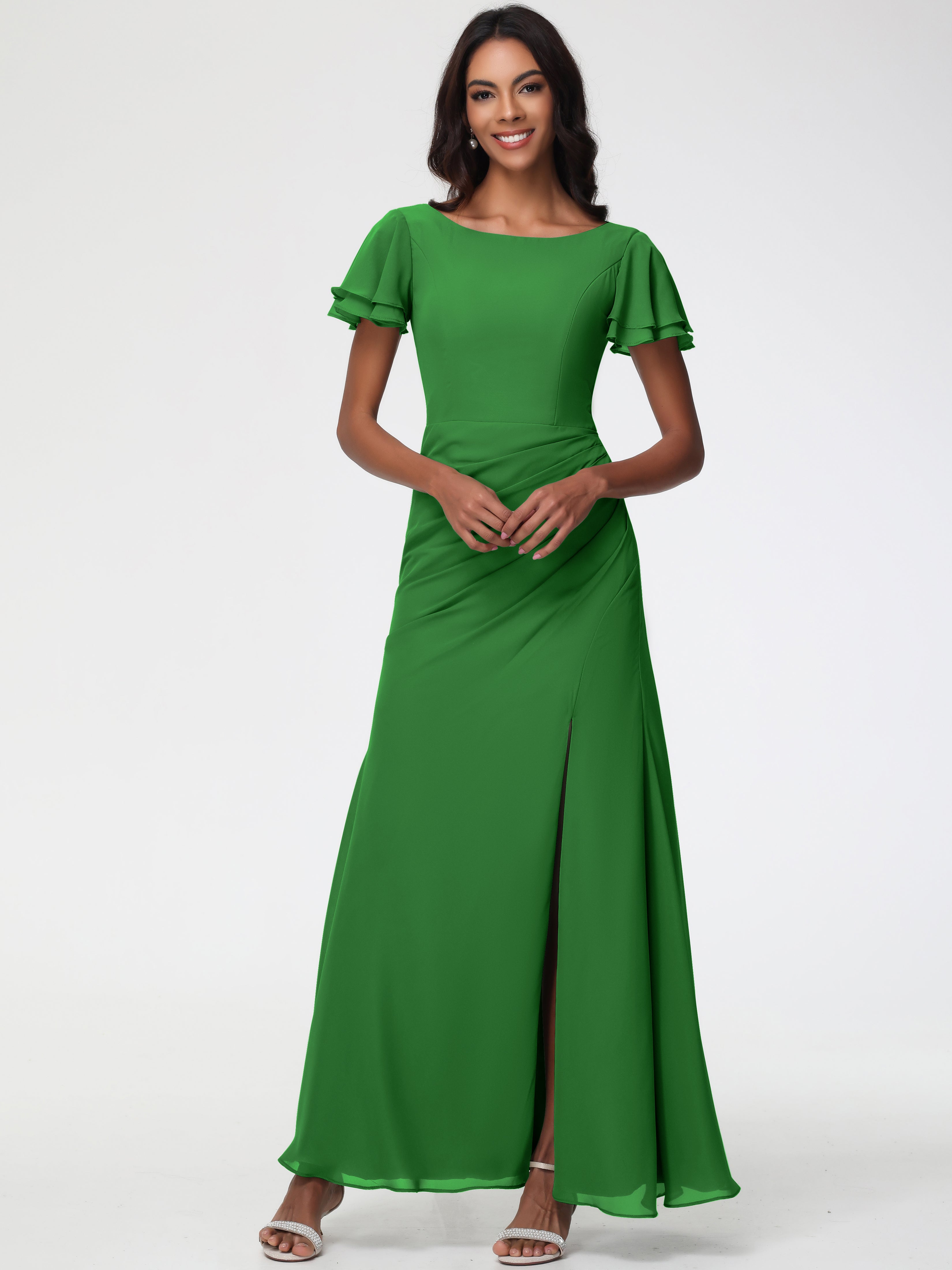 Robe Demoiselle D Honneur Verte Col Rond Manches à Volants Fourreau/Colonne Mousseline Robe Demoiselle d'Honneur
