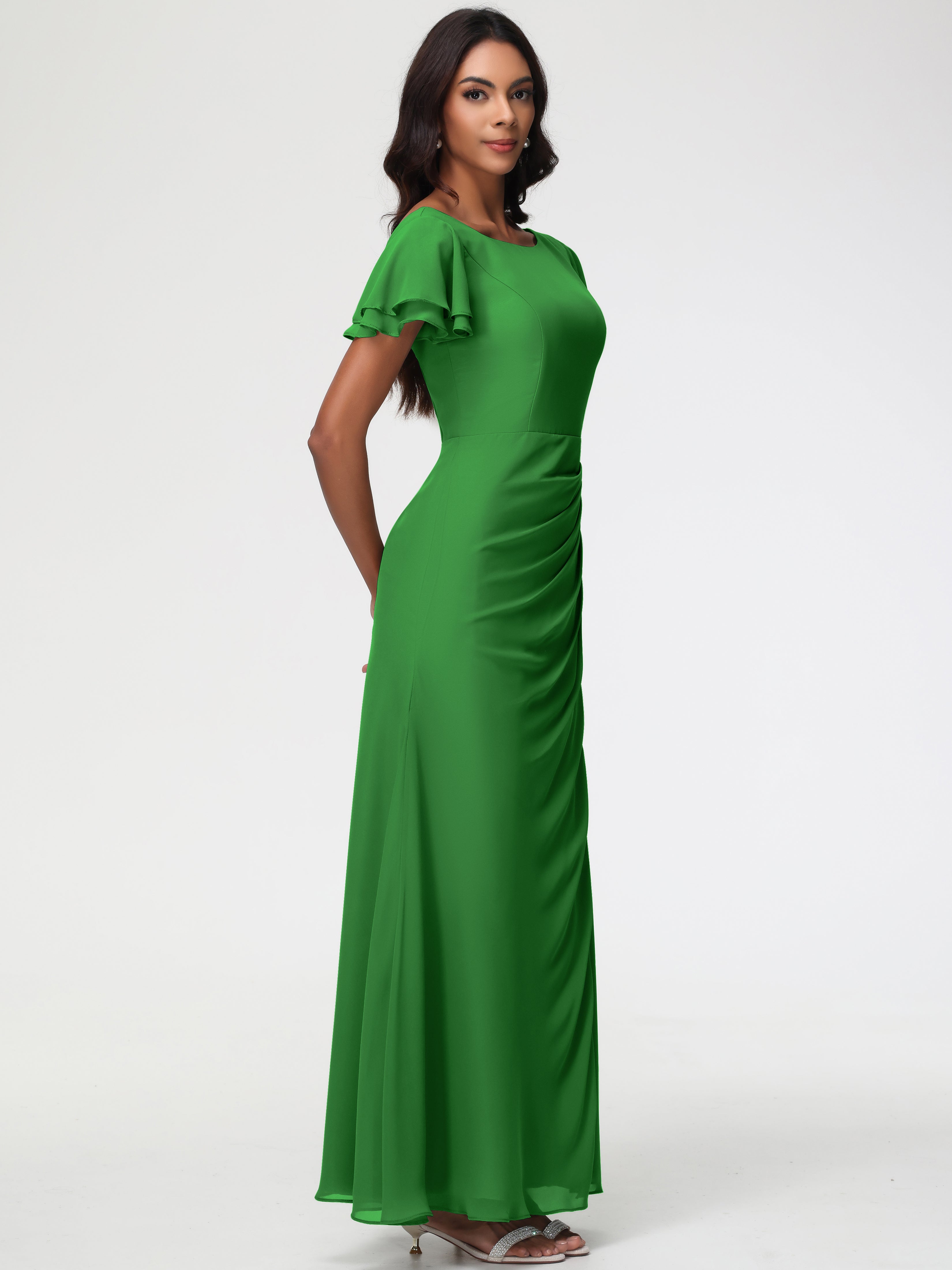 Robe Demoiselle D Honneur Verte Col Rond Manches à Volants Fourreau/Colonne Mousseline Robe Demoiselle d'Honneur