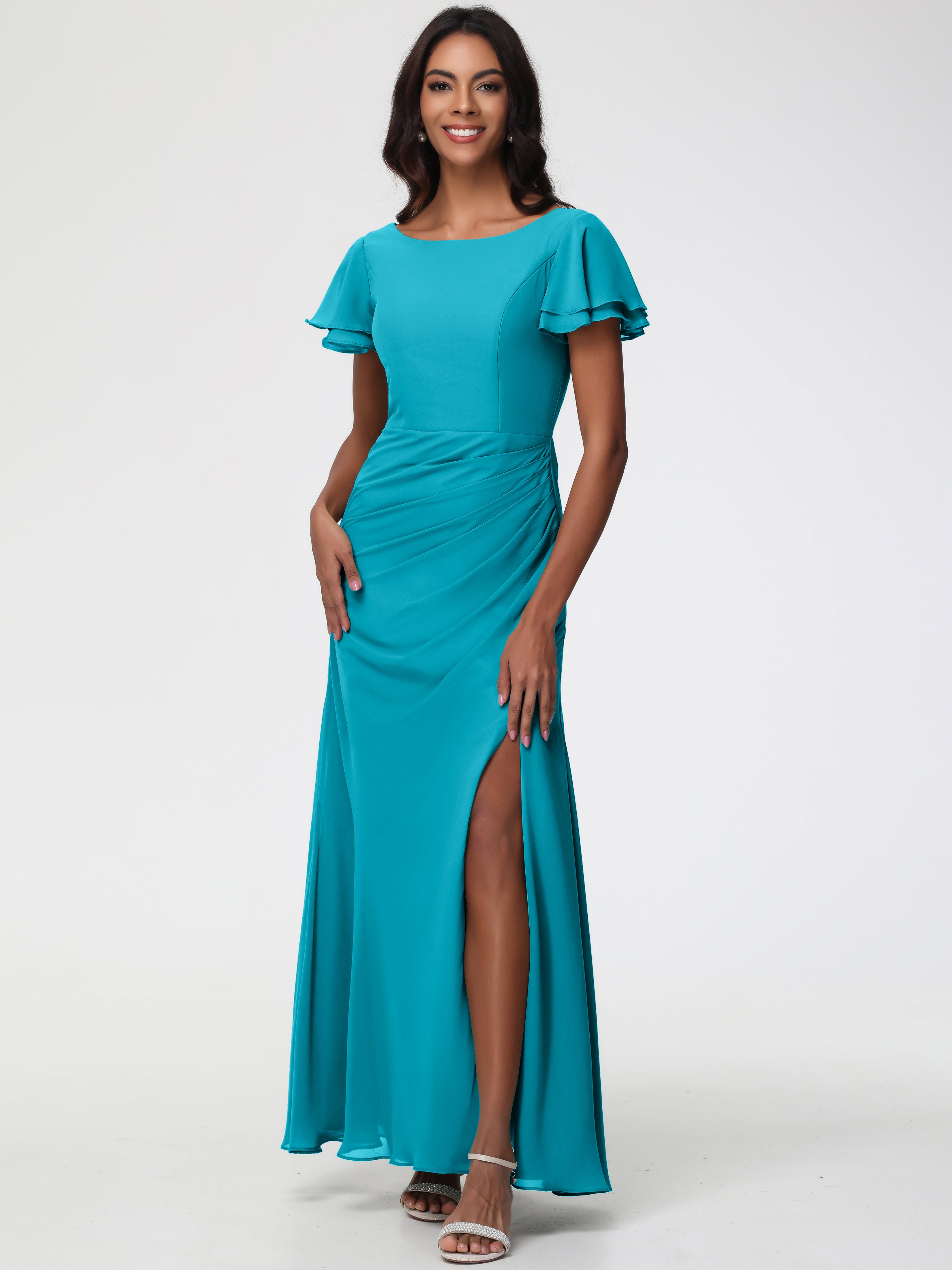 Robes de Demoiselle D'honneur Vert Jade Col Rond Manches à Volants Fourreau/Colonne Mousseline Robe Demoiselle d'Honneur