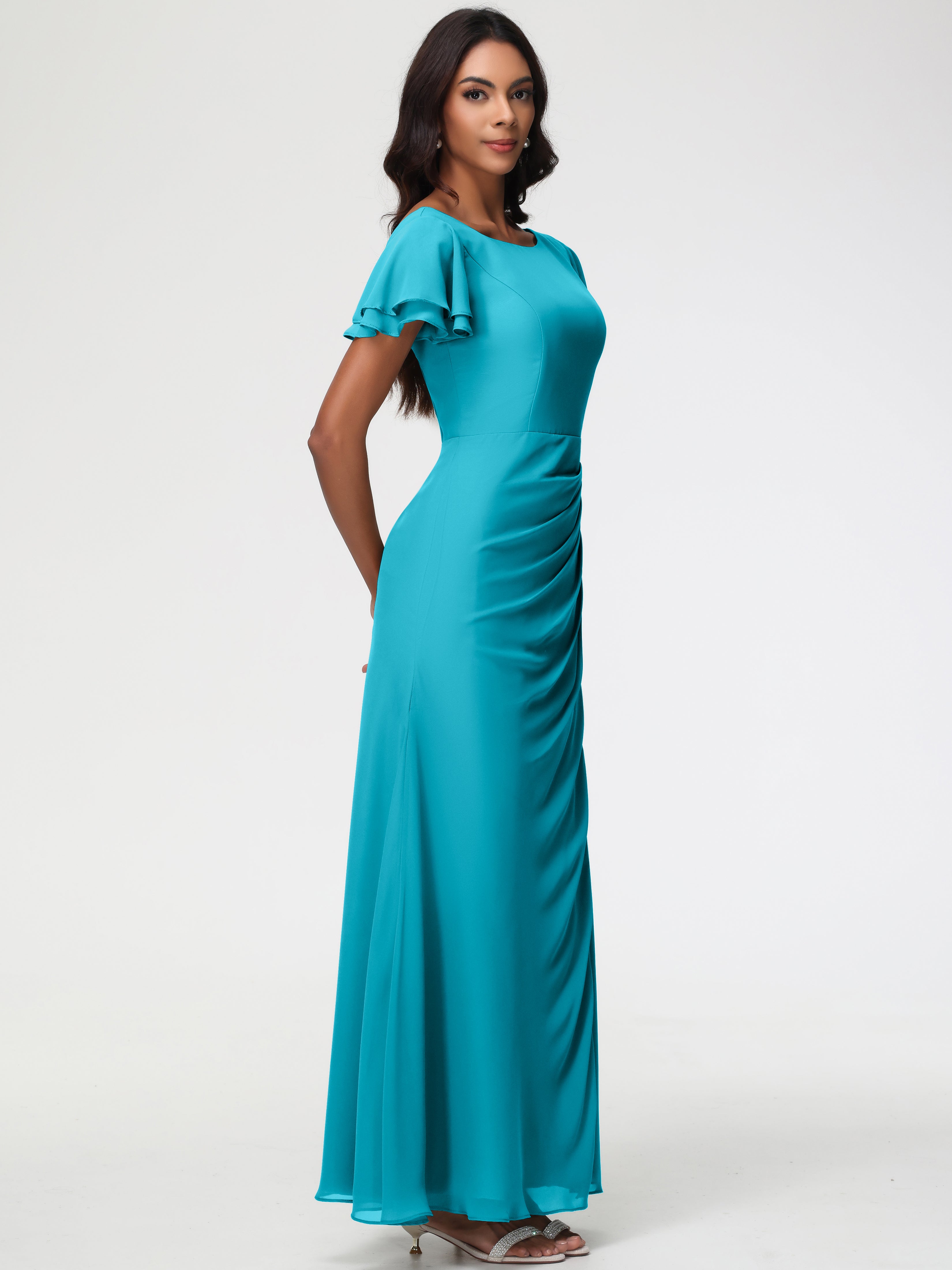 Robes de Demoiselle D'honneur Vert Jade Col Rond Manches à Volants Fourreau/Colonne Mousseline Robe Demoiselle d'Honneur