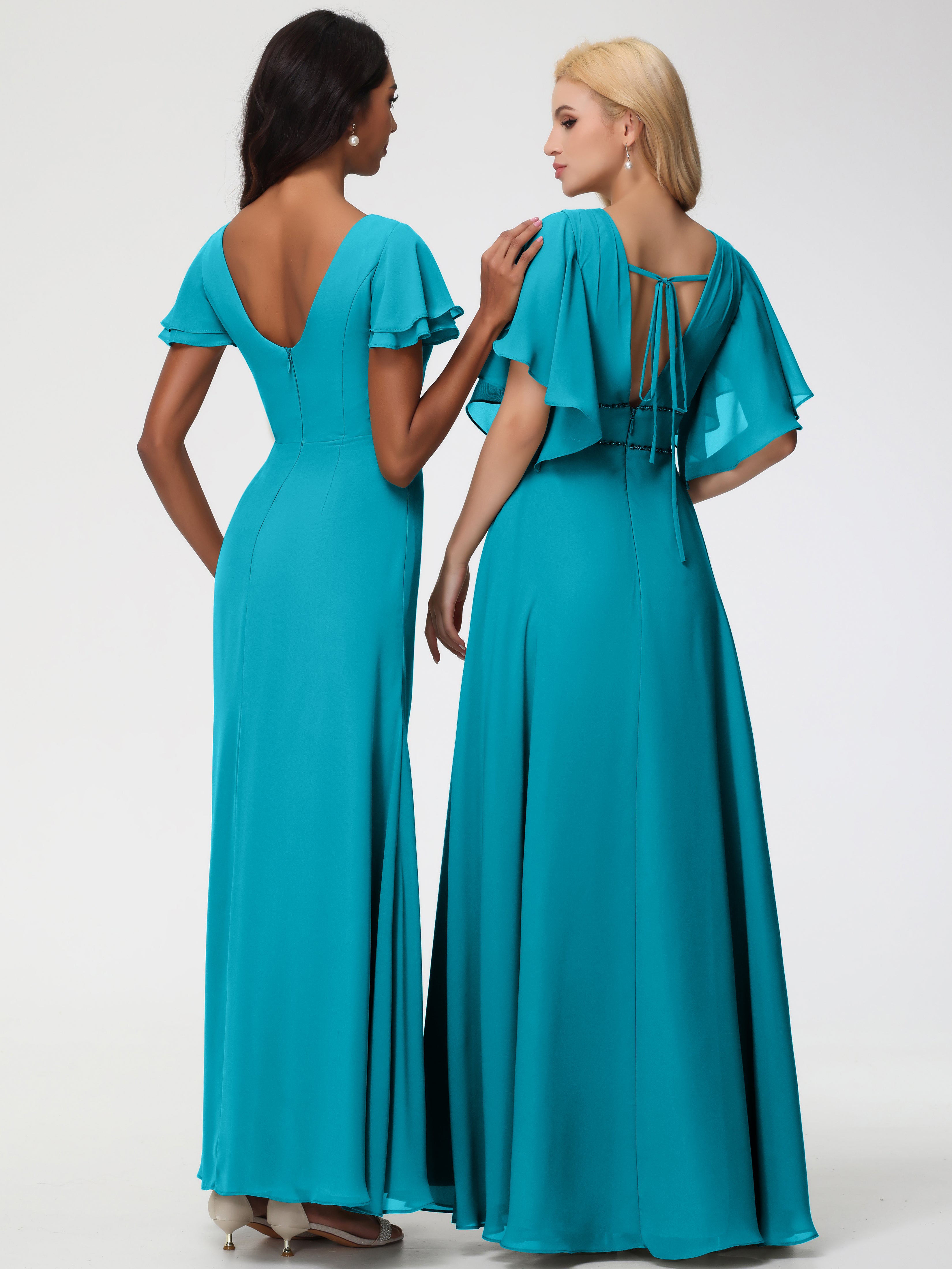Robes de Demoiselle D'honneur Vert Jade Col Rond Manches à Volants Fourreau/Colonne Mousseline Robe Demoiselle d'Honneur