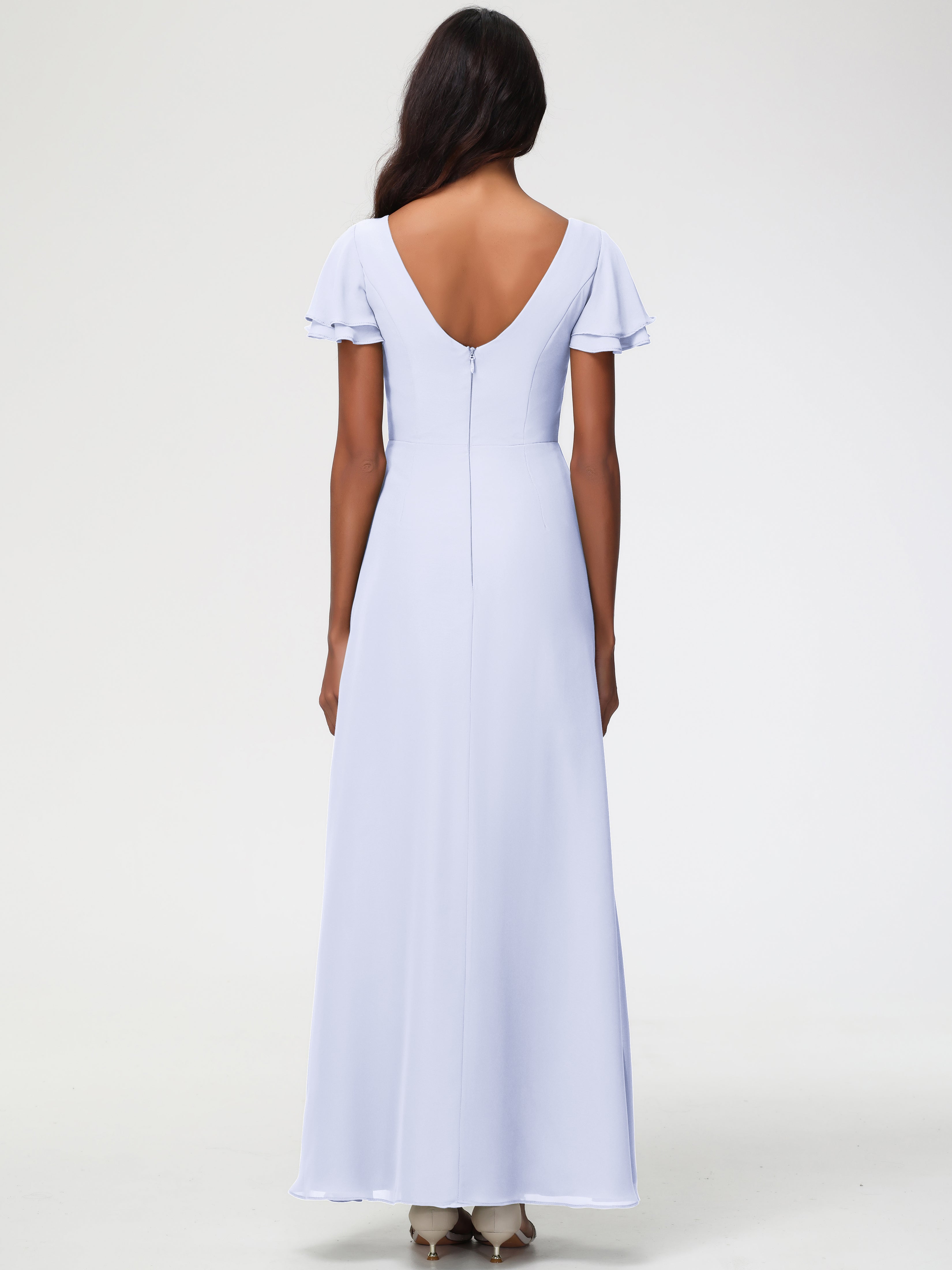 Robe Lavande Demoiselle D Honneur Col Rond Manches à Volants Fourreau/Colonne Mousseline Robe Demoiselle d'Honneur