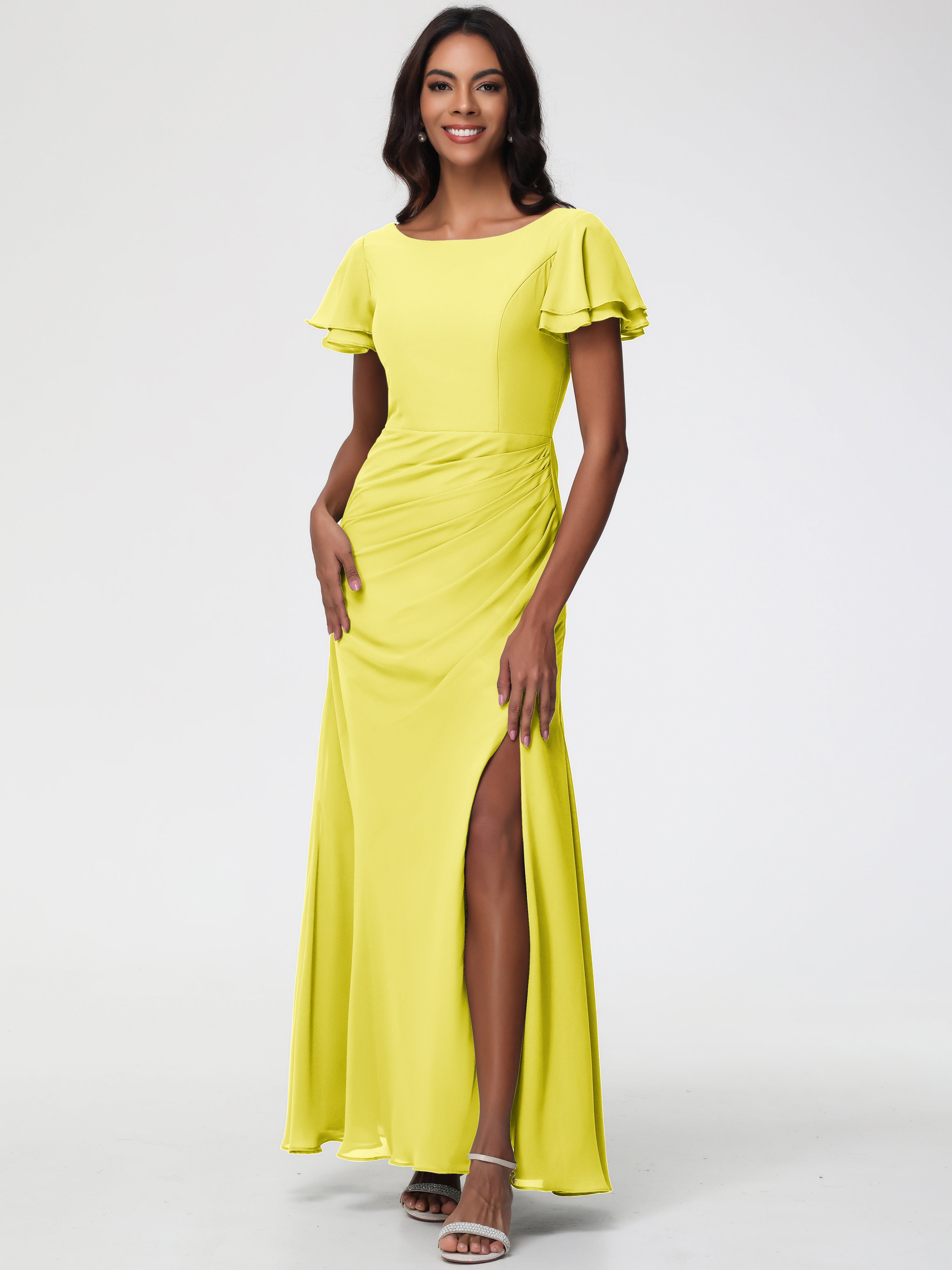 Robes de Demoiselle D'honneur Jaune Citron Col Rond Manches à Volants Fourreau/Colonne Mousseline Robe Demoiselle d'Honneur
