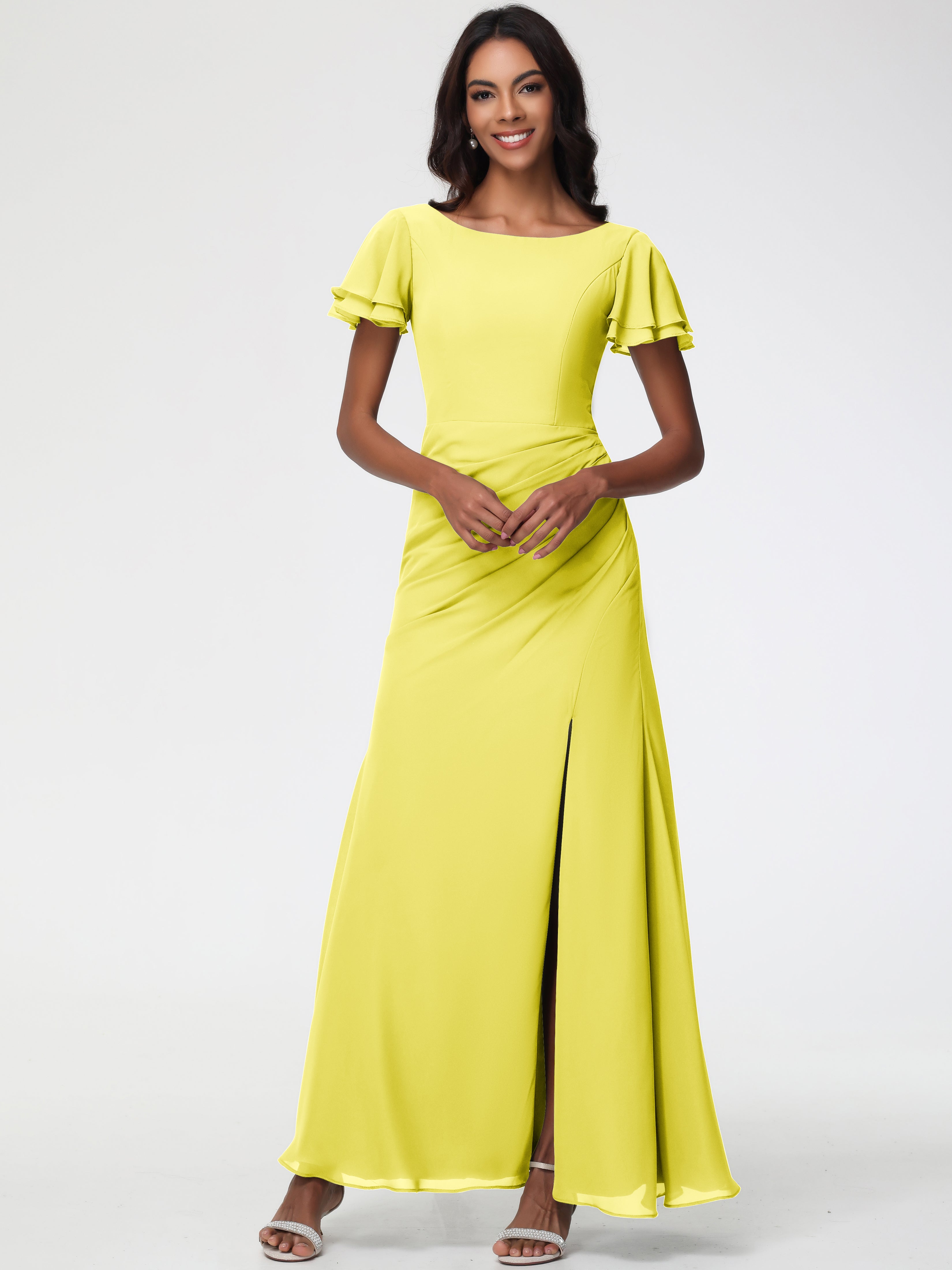 Robes de Demoiselle D'honneur Jaune Citron Col Rond Manches à Volants Fourreau/Colonne Mousseline Robe Demoiselle d'Honneur