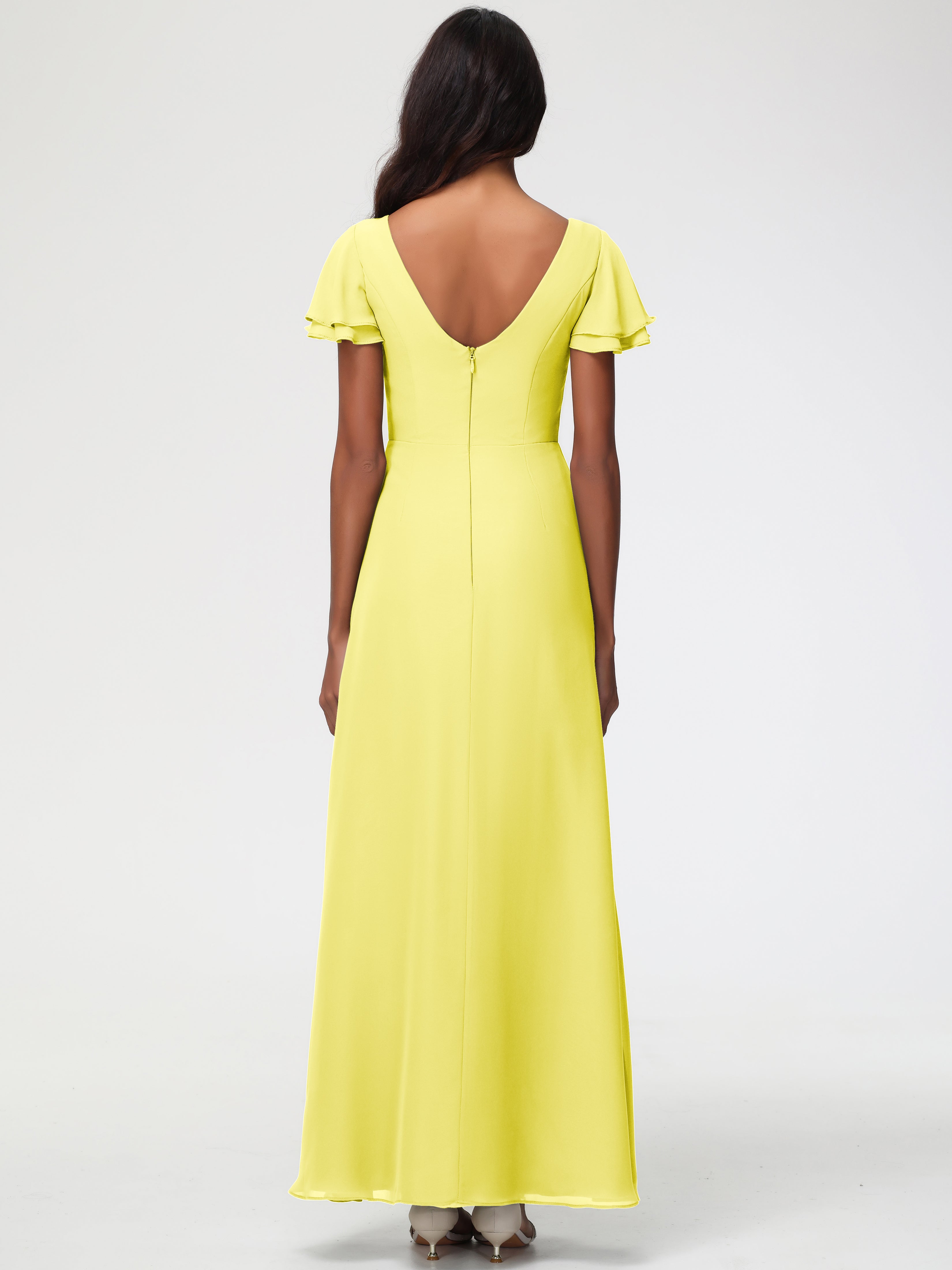 Robes de Demoiselle D'honneur Jaune Citron Col Rond Manches à Volants Fourreau/Colonne Mousseline Robe Demoiselle d'Honneur