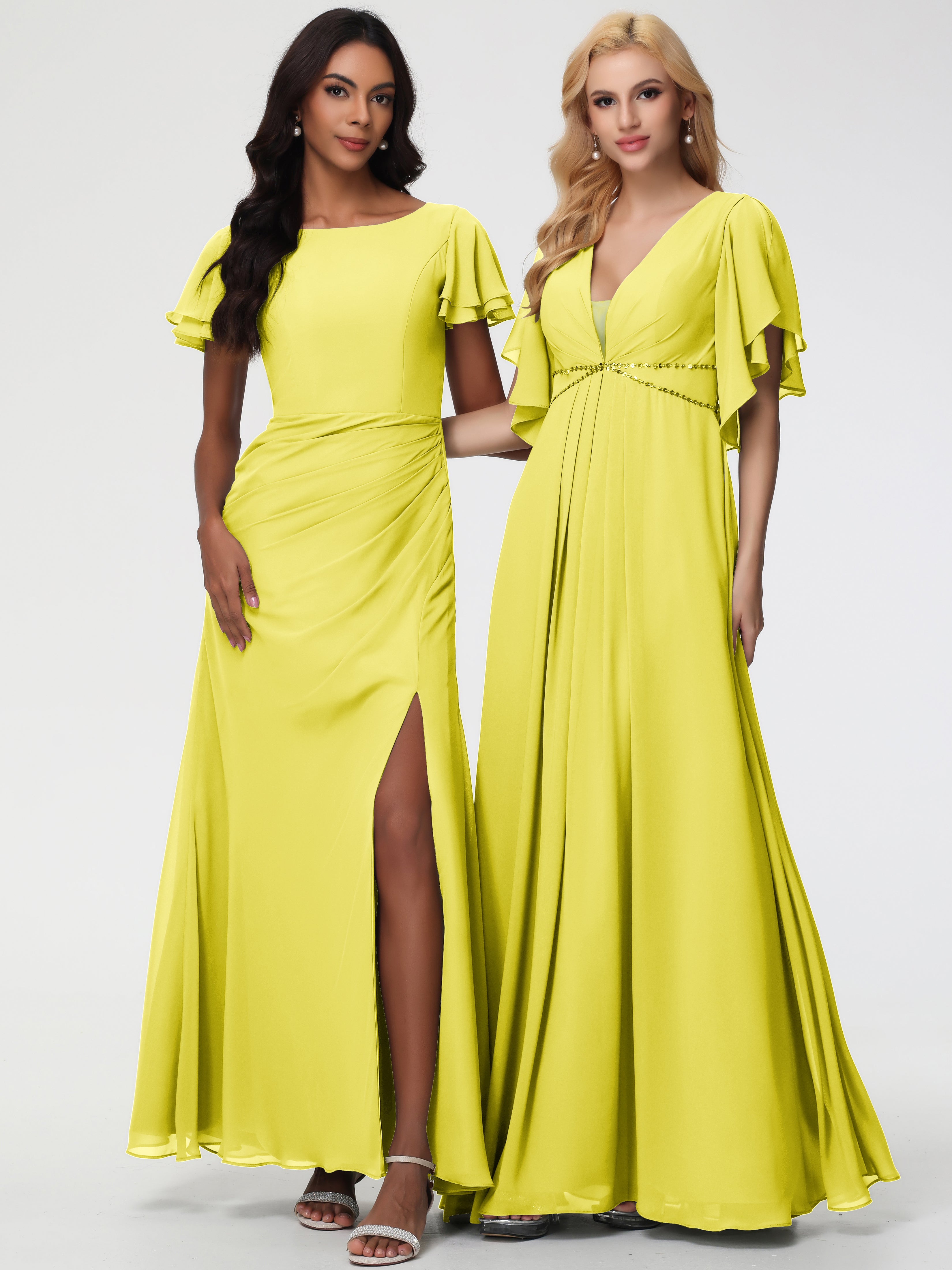 Robes de Demoiselle D'honneur Jaune Citron Col Rond Manches à Volants Fourreau/Colonne Mousseline Robe Demoiselle d'Honneur