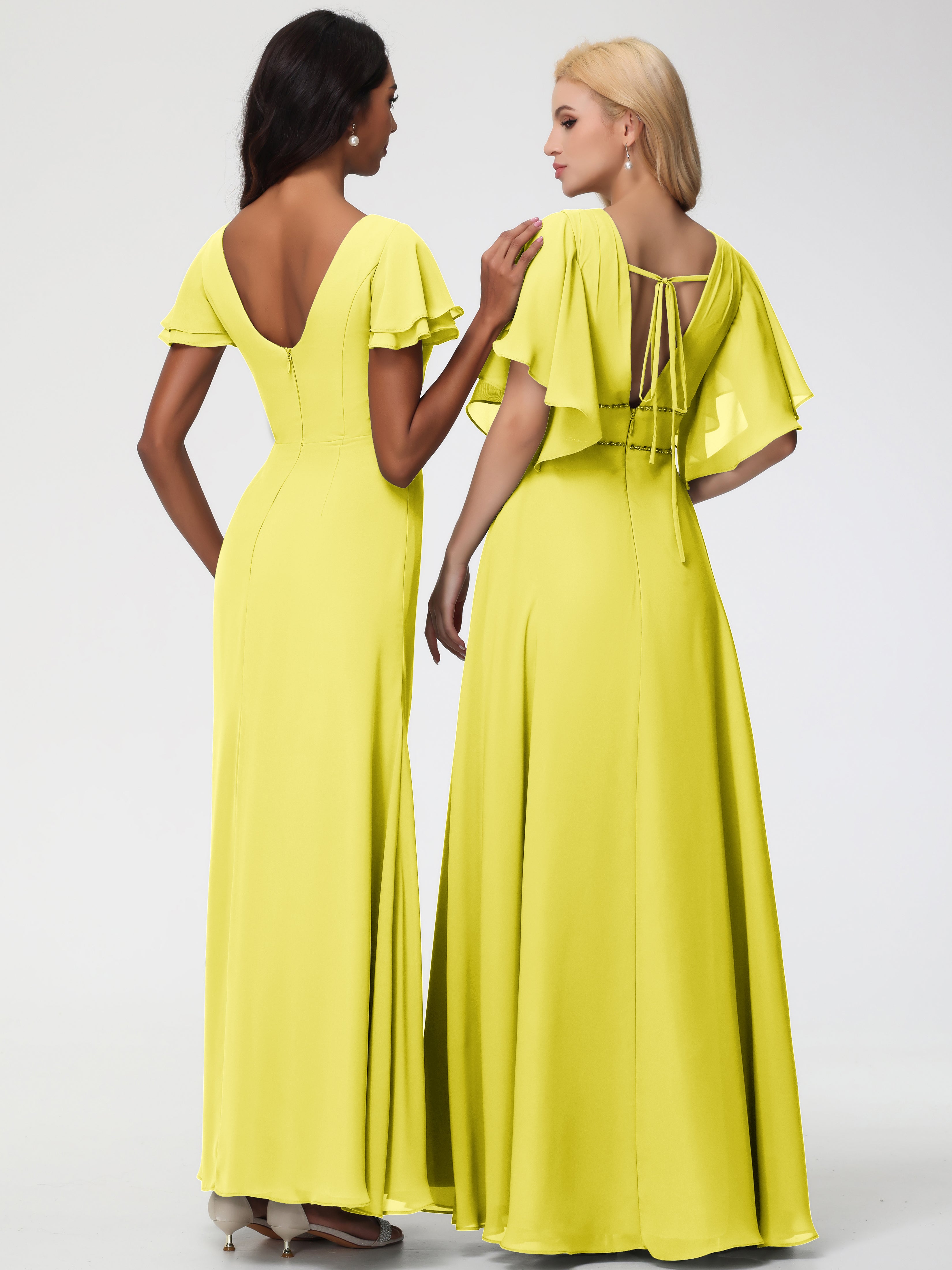 Robes de Demoiselle D'honneur Jaune Citron Col Rond Manches à Volants Fourreau/Colonne Mousseline Robe Demoiselle d'Honneur