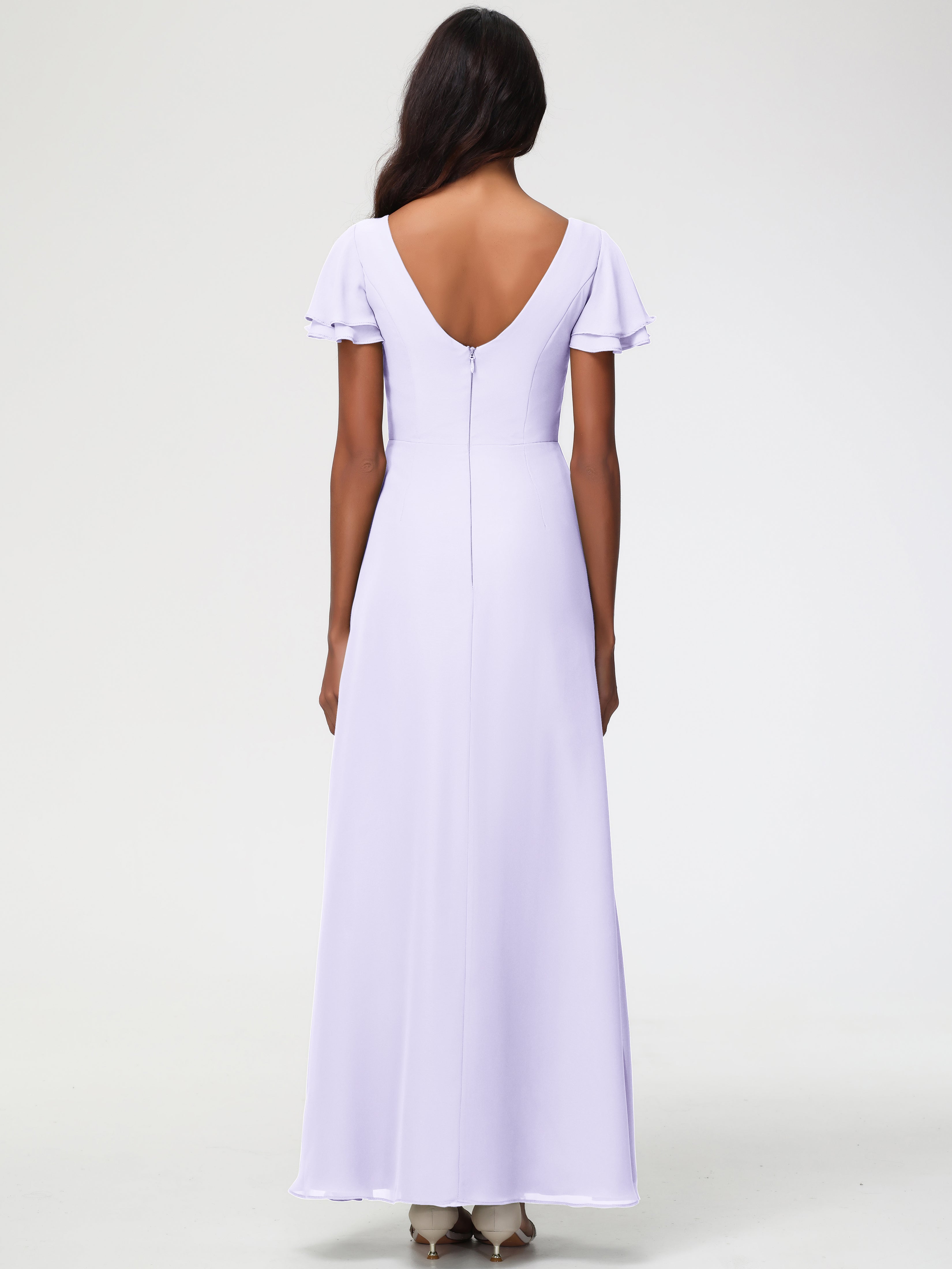 Robe Lilas Demoiselle D Honneur Col Rond Manches à Volants Fourreau/Colonne Mousseline Robe Demoiselle d'Honneur