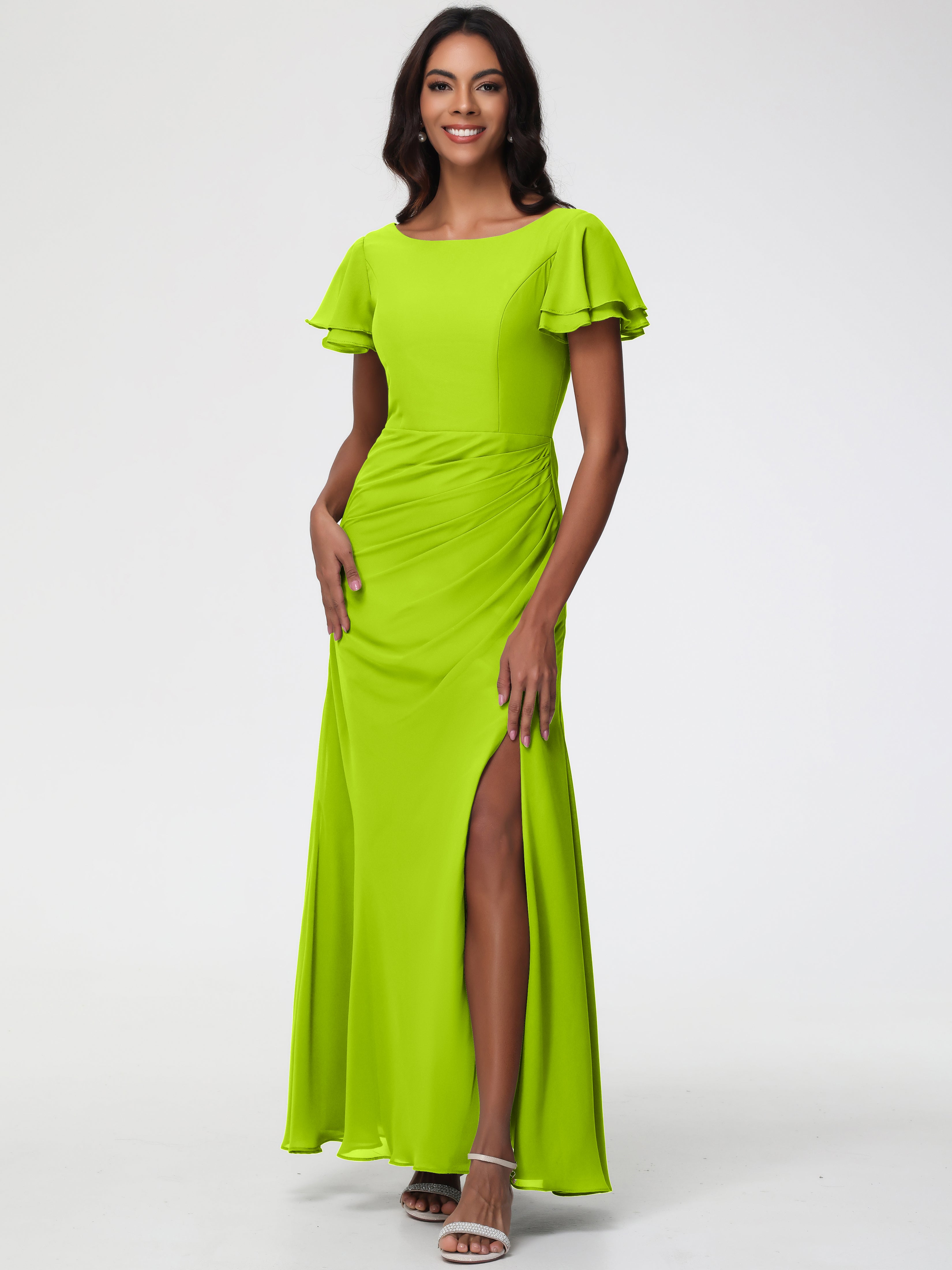 Robes de Demoiselle D'honneur Vert Citron Col Rond Manches à Volants Fourreau/Colonne Mousseline Robe Demoiselle d'Honneur