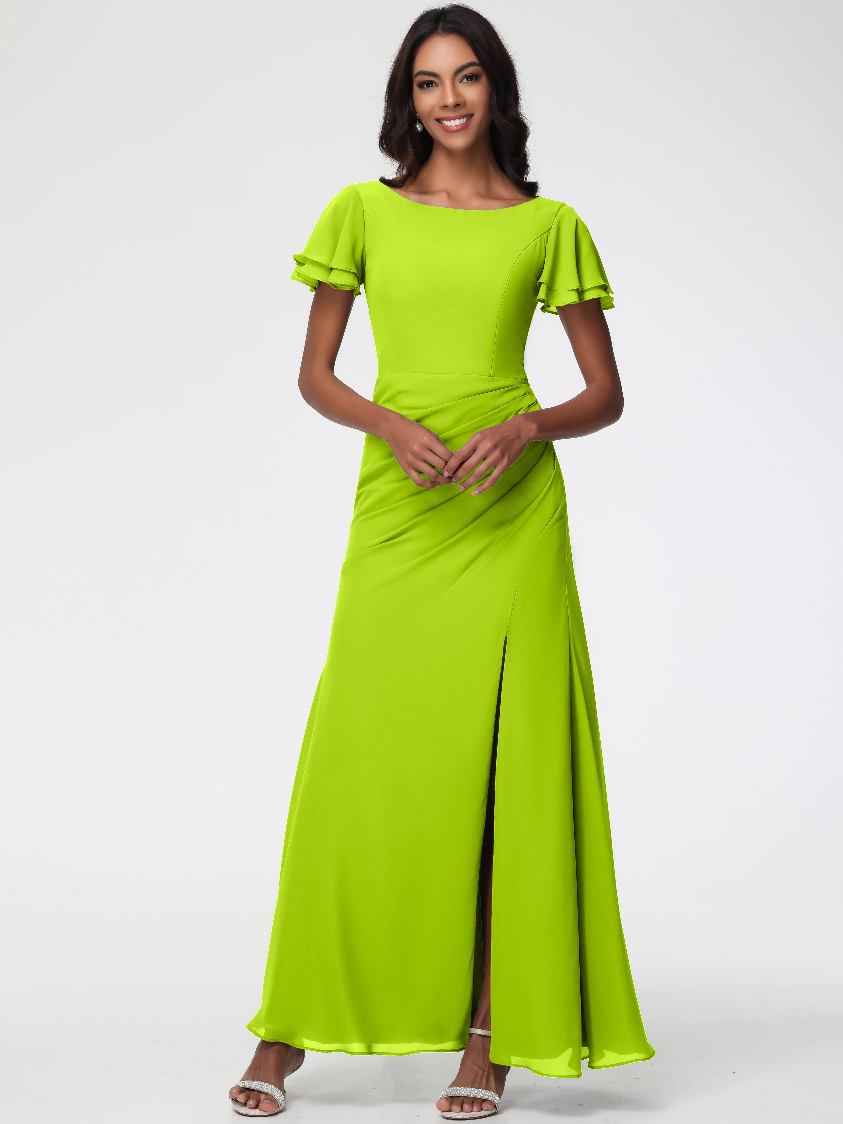Robes de Demoiselle D'honneur Vert Citron Col Rond Manches à Volants Fourreau/Colonne Mousseline Robe Demoiselle d'Honneur
