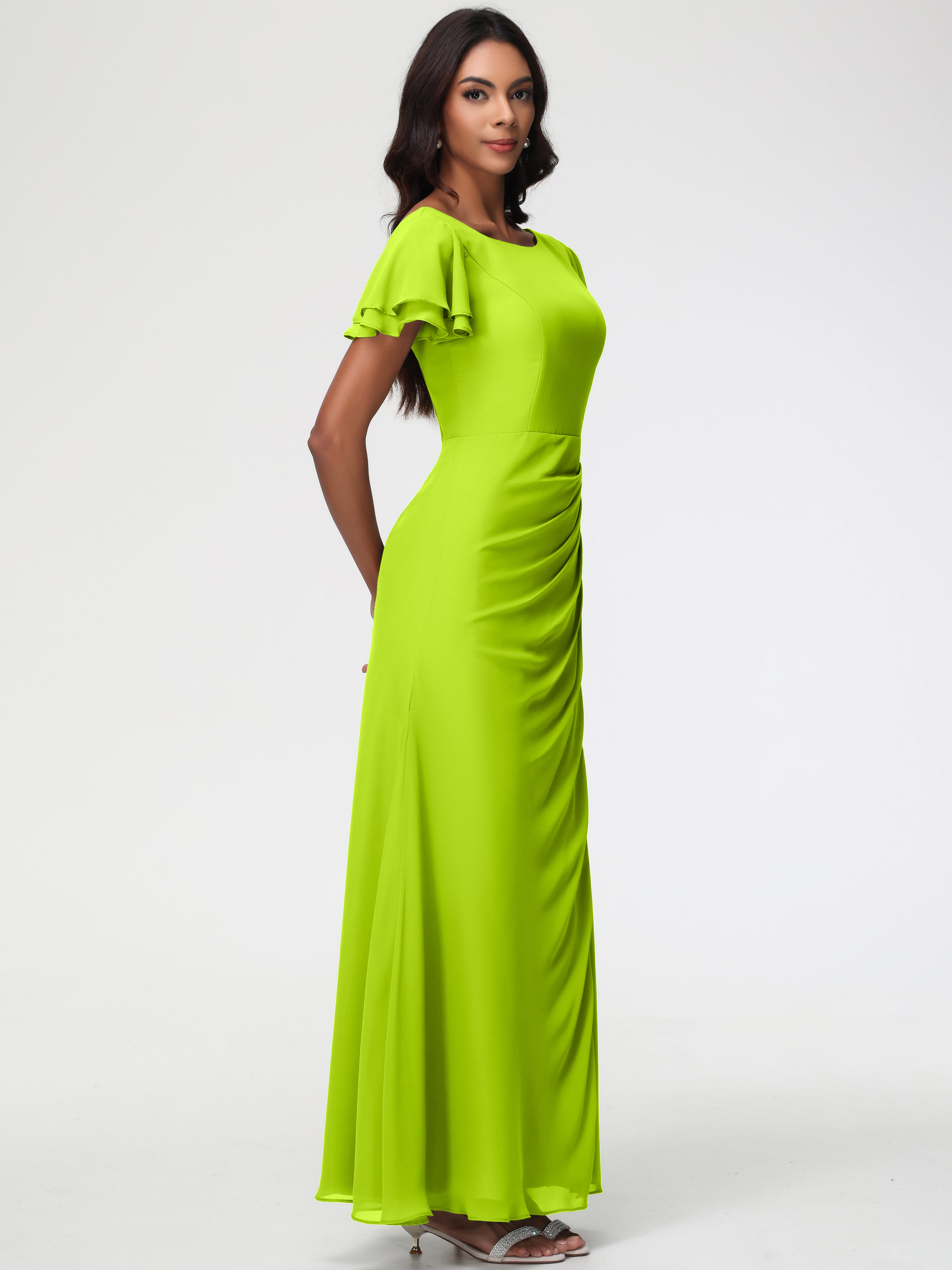 Robes de Demoiselle D'honneur Vert Citron Col Rond Manches à Volants Fourreau/Colonne Mousseline Robe Demoiselle d'Honneur