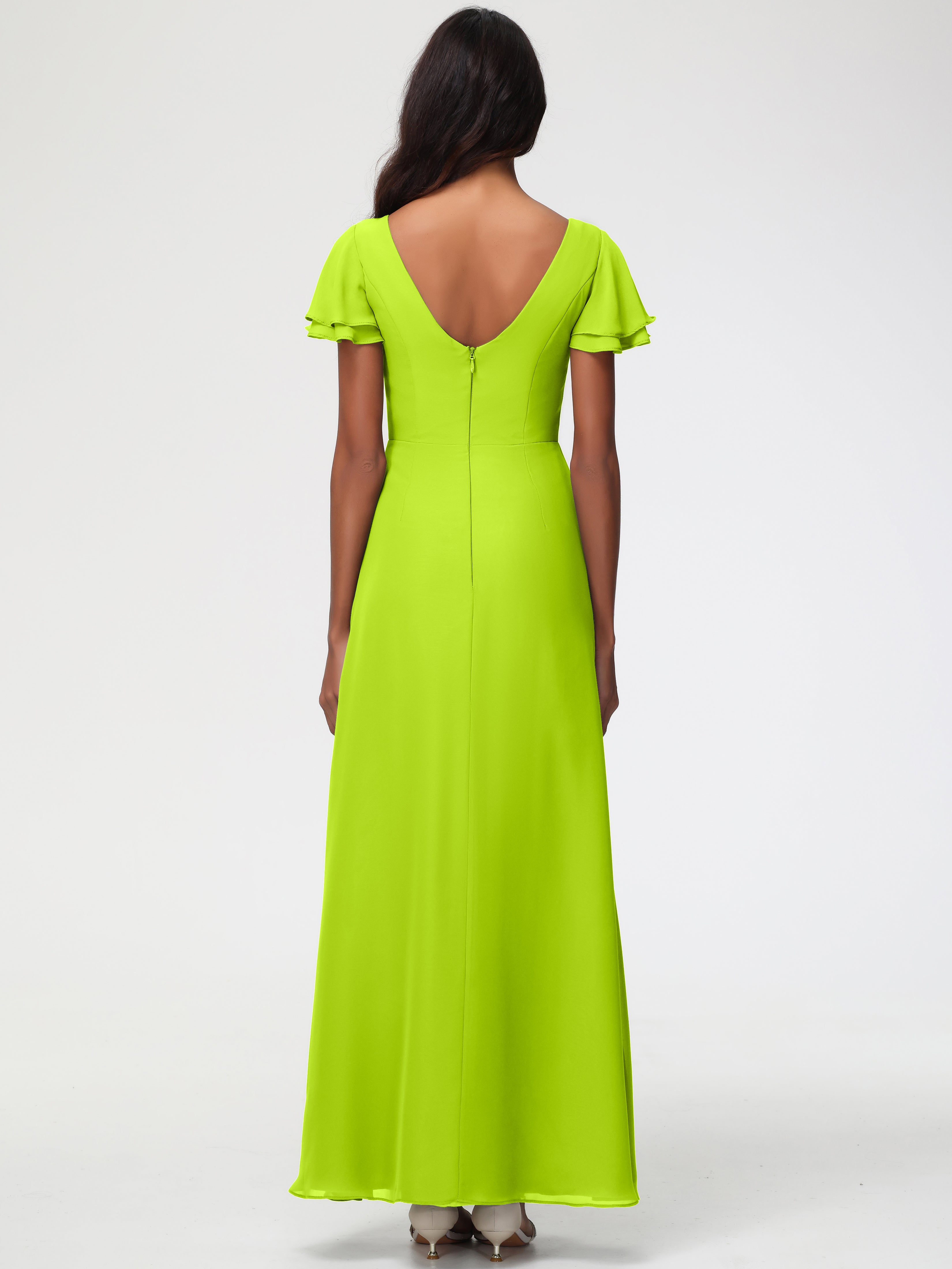 Robes de Demoiselle D'honneur Vert Citron Col Rond Manches à Volants Fourreau/Colonne Mousseline Robe Demoiselle d'Honneur
