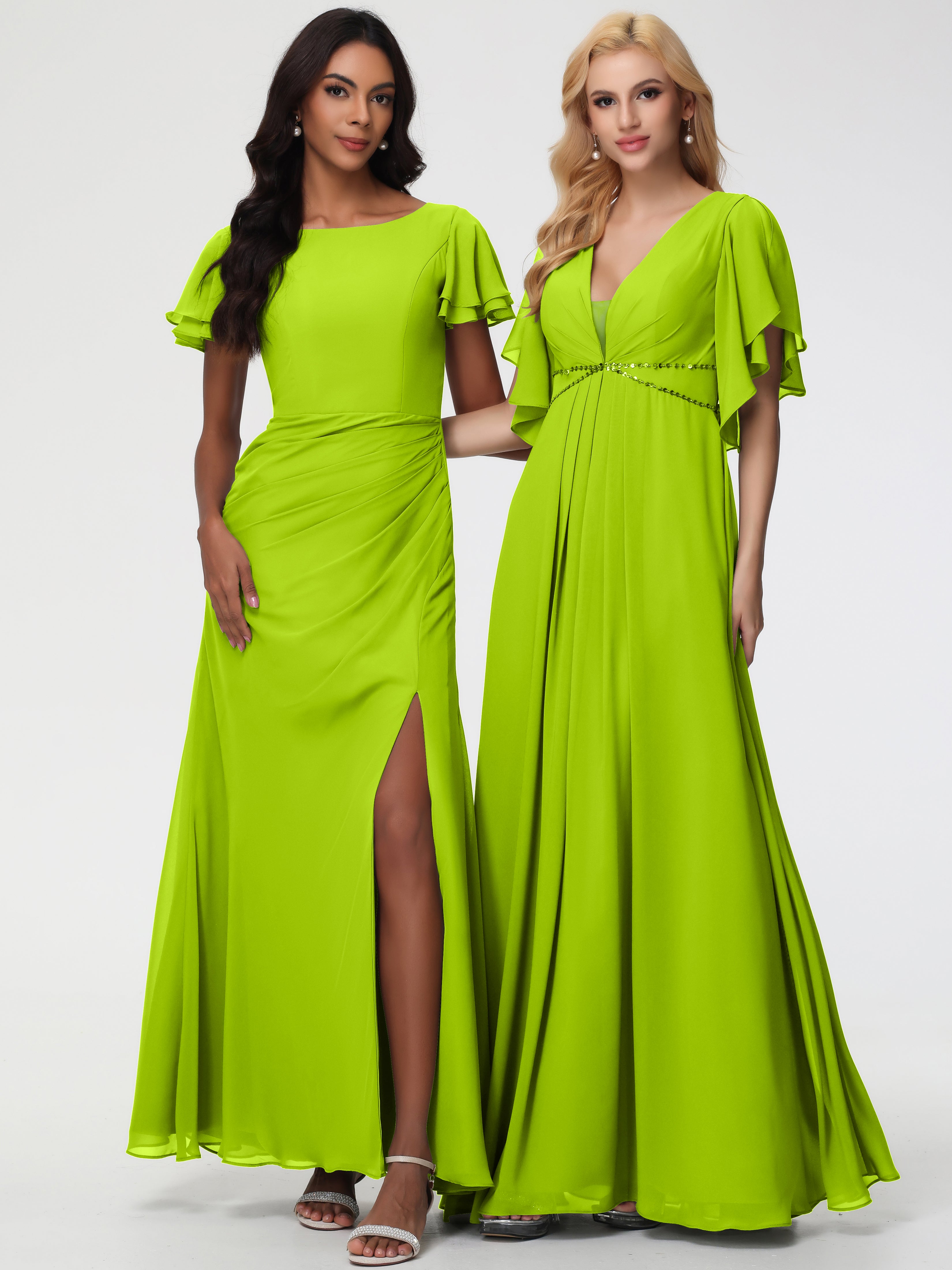 Robes de Demoiselle D'honneur Vert Citron Col Rond Manches à Volants Fourreau/Colonne Mousseline Robe Demoiselle d'Honneur
