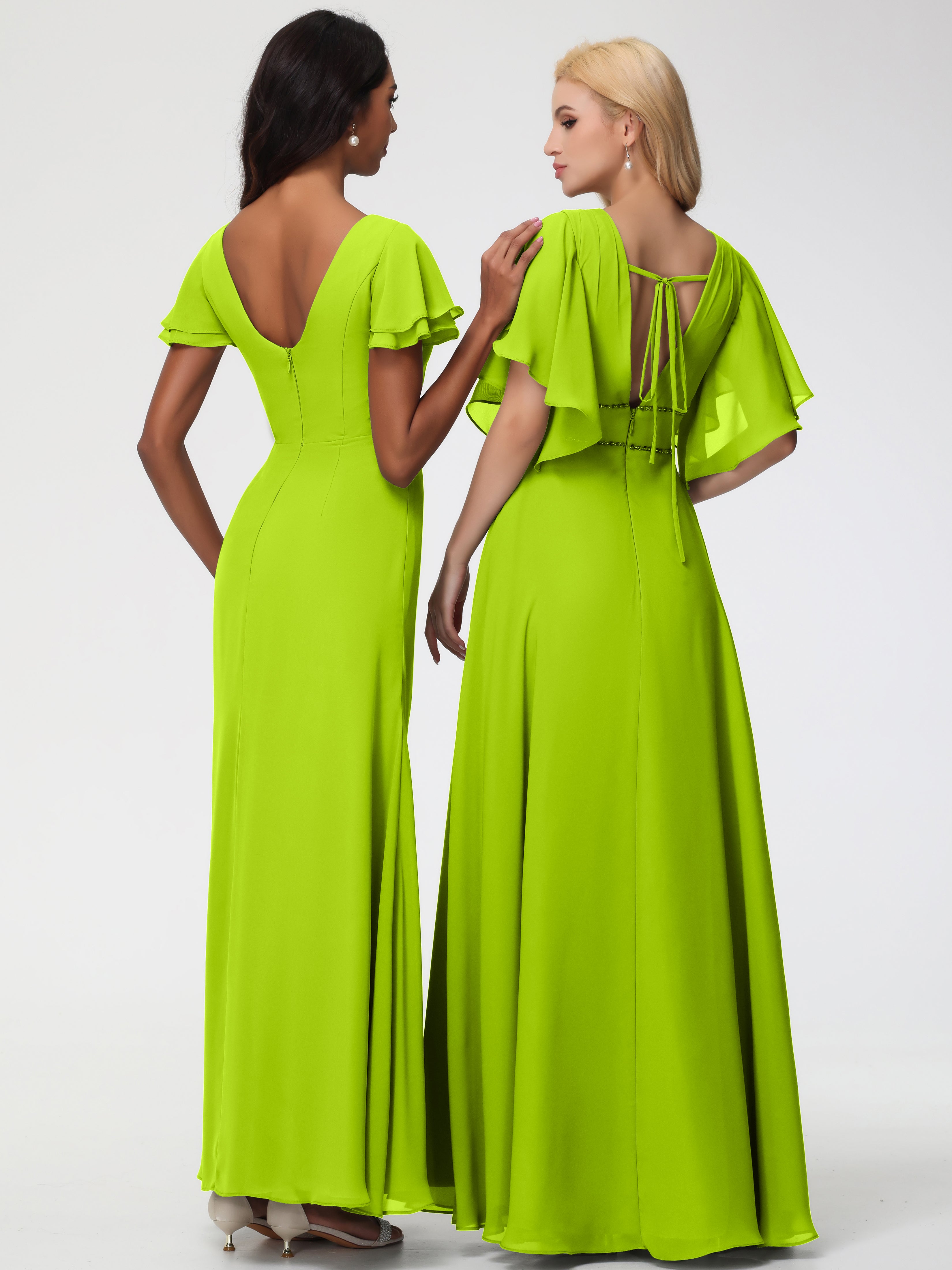 Robes de Demoiselle D'honneur Vert Citron Col Rond Manches à Volants Fourreau/Colonne Mousseline Robe Demoiselle d'Honneur