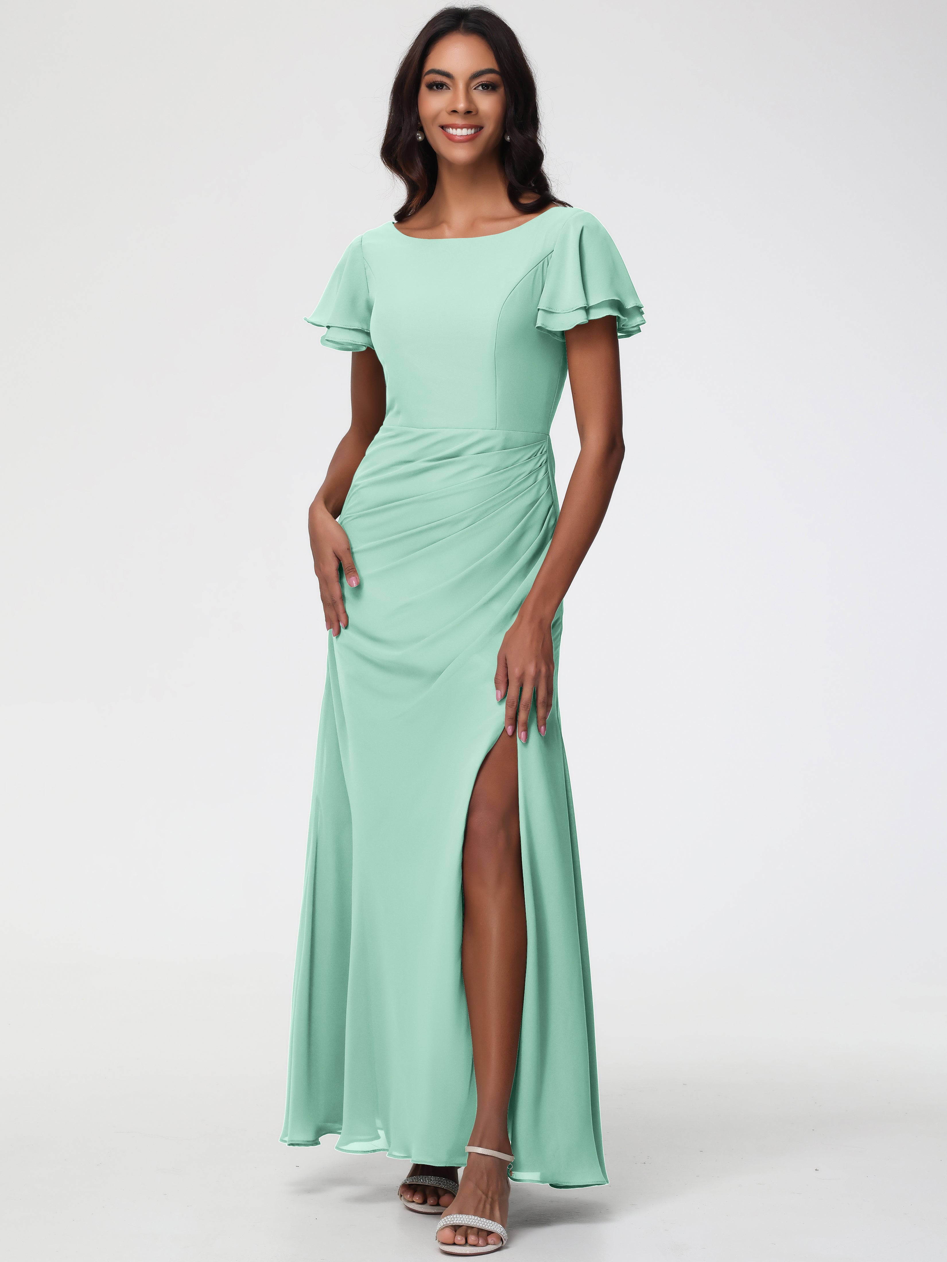 Robe Vert Menthe Demoiselle D Honneur Col Rond Manches à Volants Fourreau/Colonne Mousseline Robe Demoiselle d'Honneur