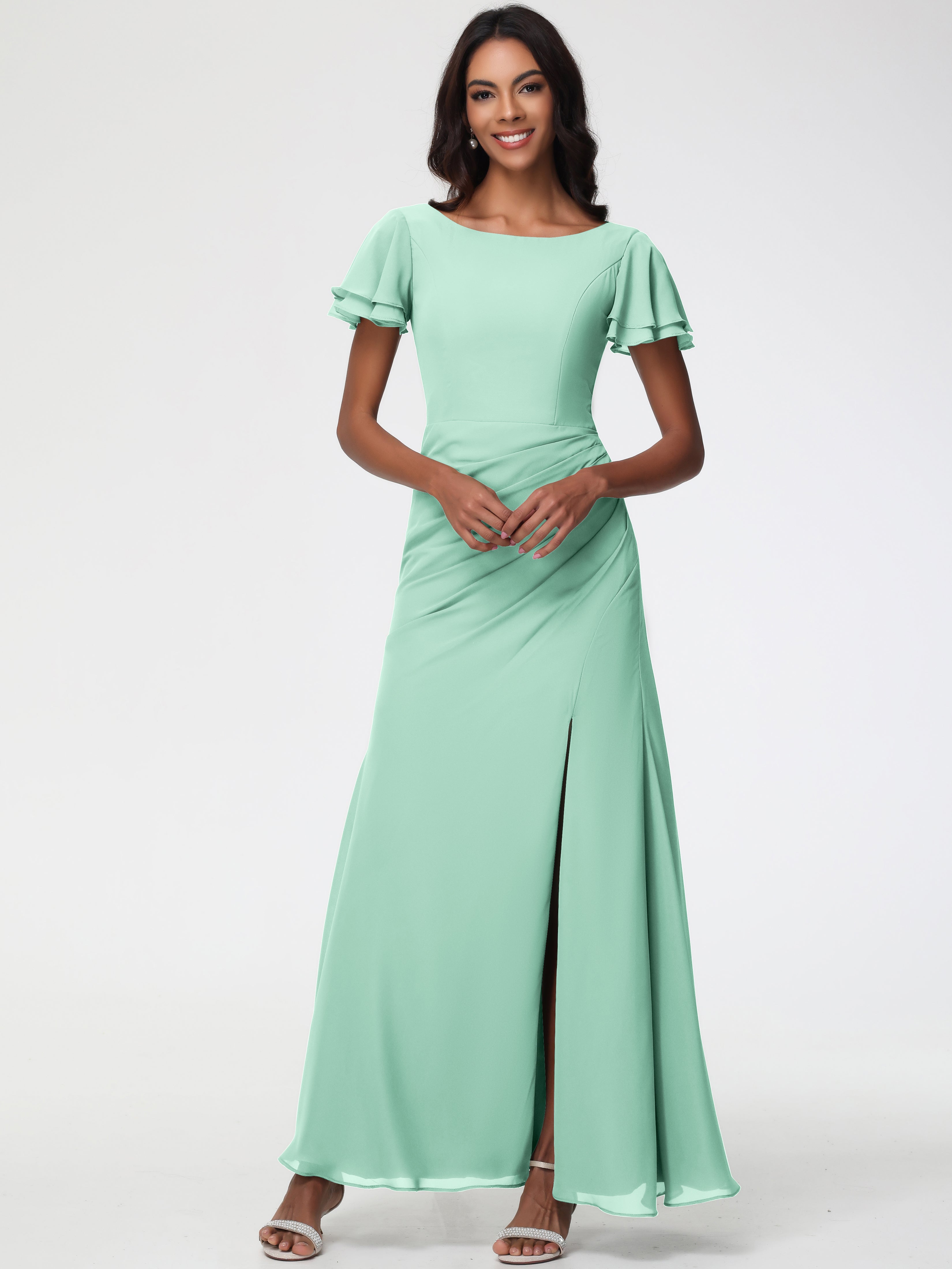 Robe Vert Menthe Demoiselle D Honneur Col Rond Manches à Volants Fourreau/Colonne Mousseline Robe Demoiselle d'Honneur