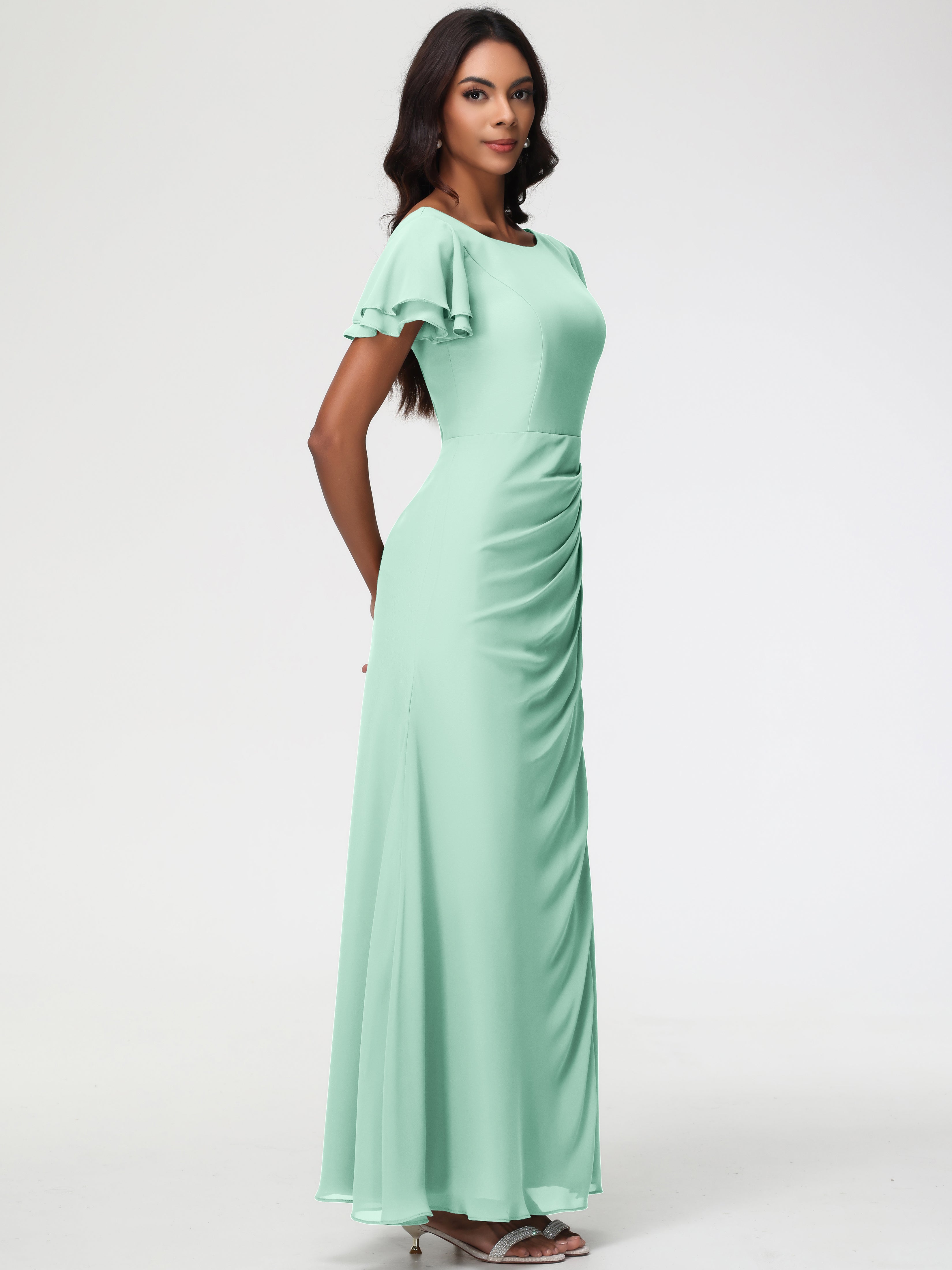 Robe Vert Menthe Demoiselle D Honneur Col Rond Manches à Volants Fourreau/Colonne Mousseline Robe Demoiselle d'Honneur
