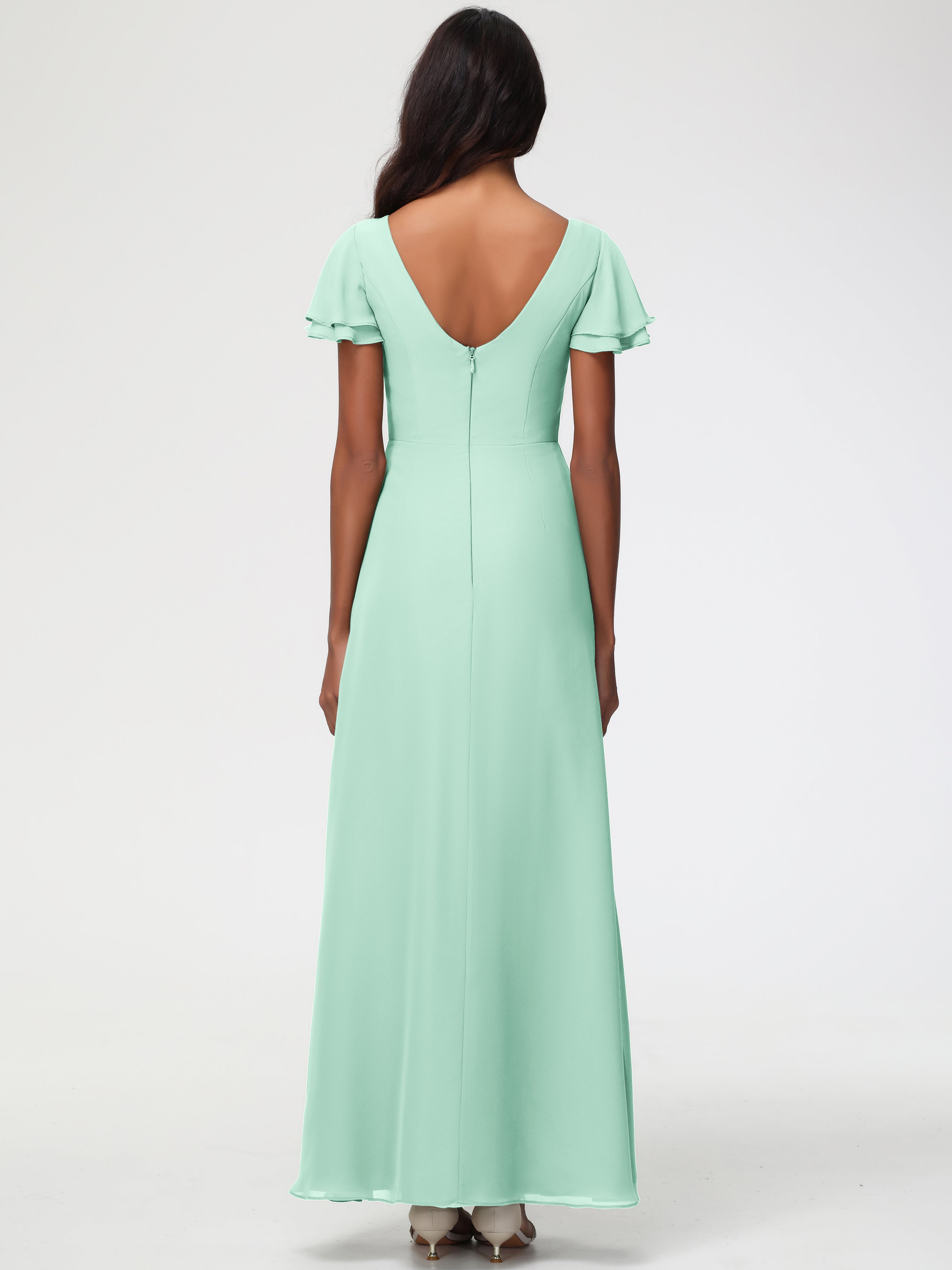 Robe Vert Menthe Demoiselle D Honneur Col Rond Manches à Volants Fourreau/Colonne Mousseline Robe Demoiselle d'Honneur