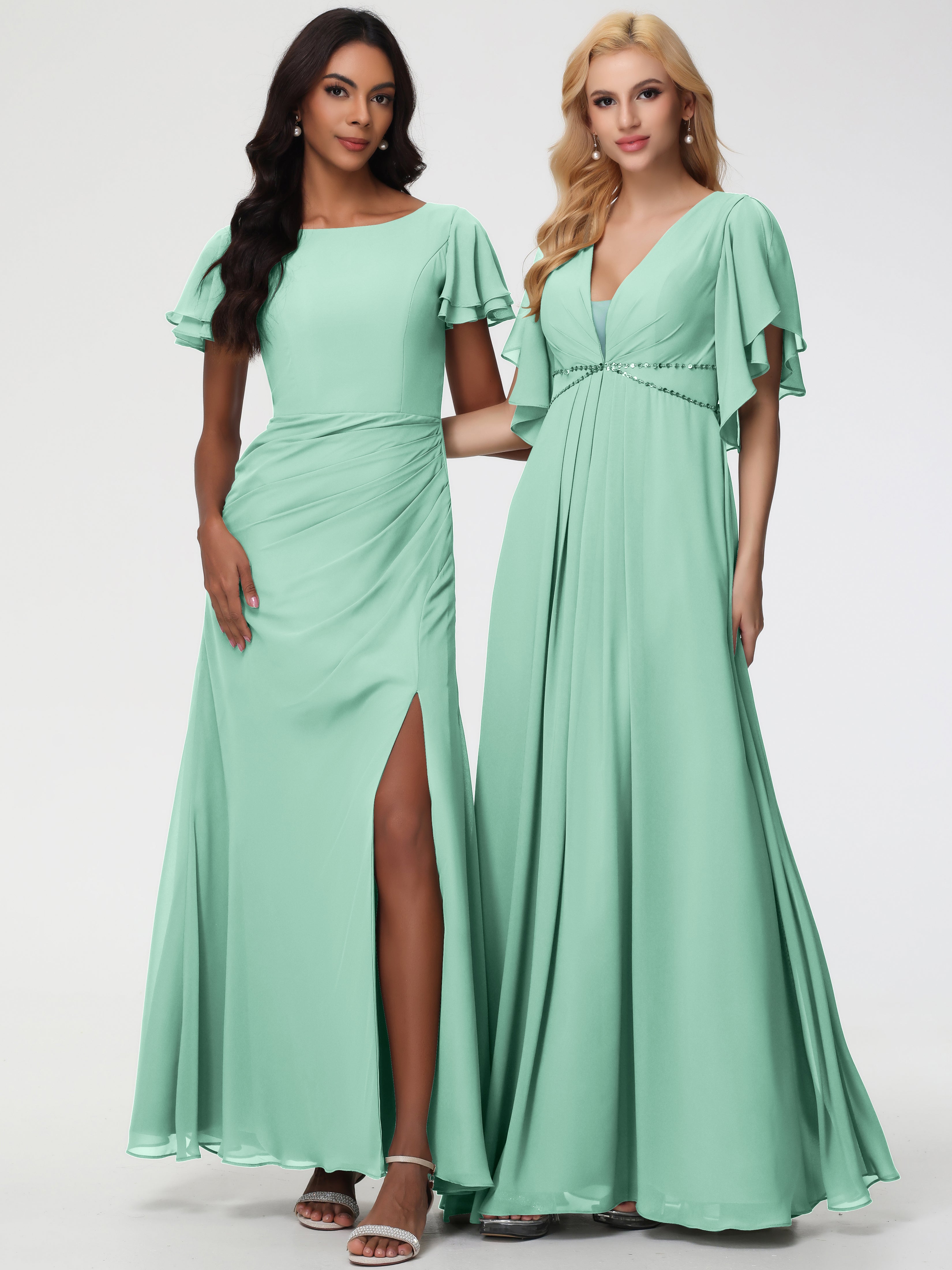 Robe Vert Menthe Demoiselle D Honneur Col Rond Manches à Volants Fourreau/Colonne Mousseline Robe Demoiselle d'Honneur