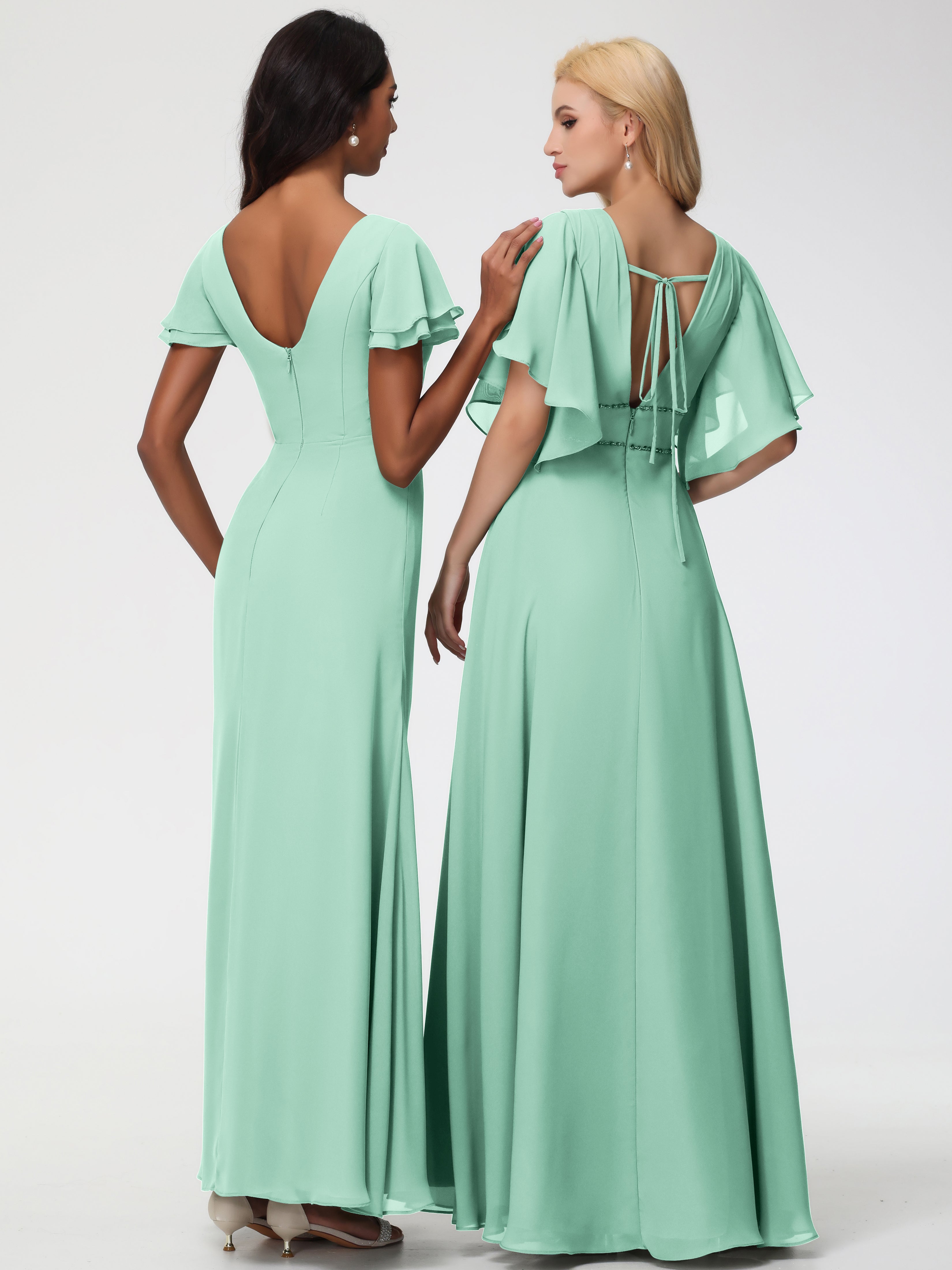 Robe Vert Menthe Demoiselle D Honneur Col Rond Manches à Volants Fourreau/Colonne Mousseline Robe Demoiselle d'Honneur