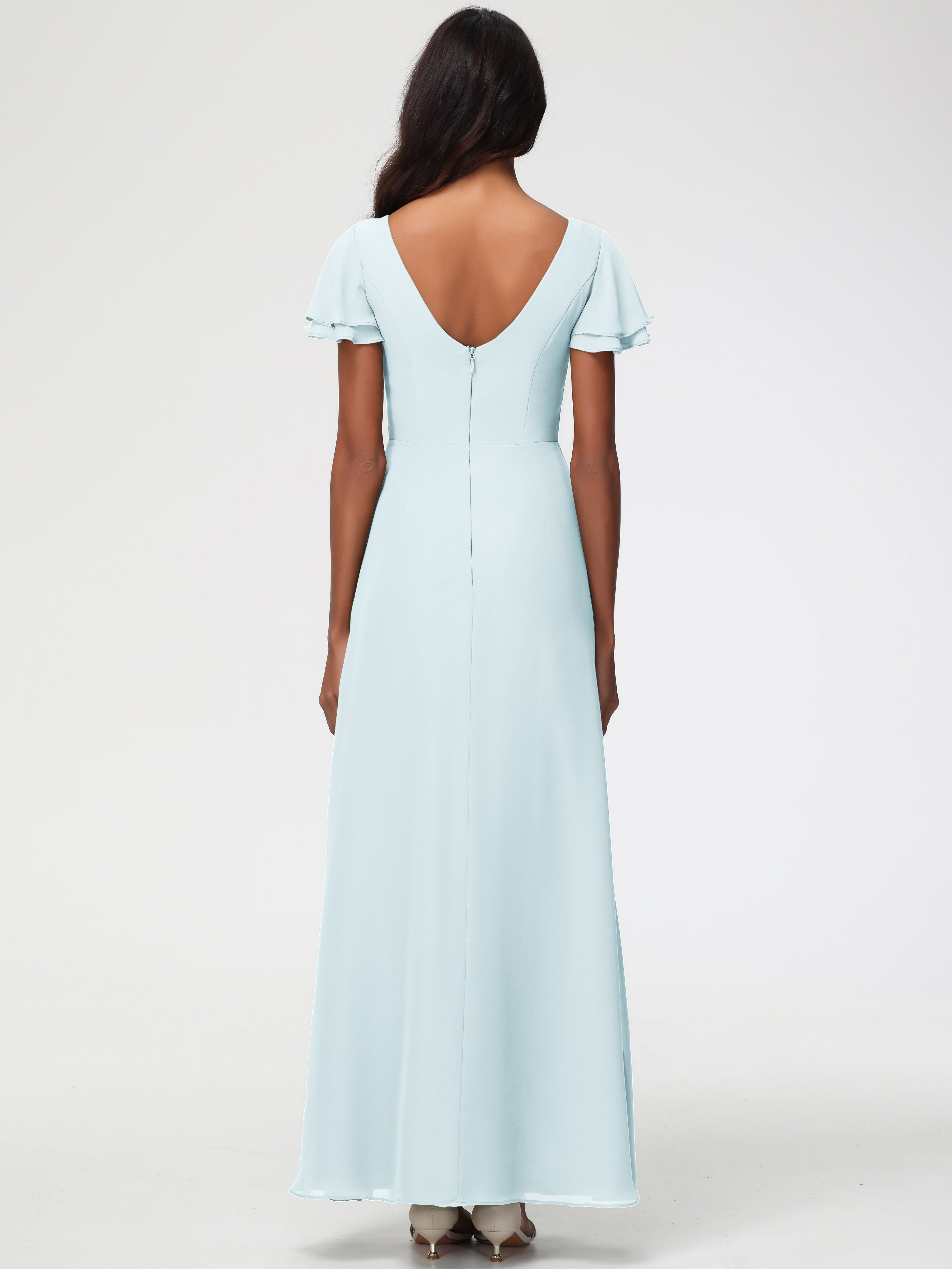 Robe de Demoiselle D'honneur Brume Col Rond Manches à Volants Fourreau/Colonne Mousseline Robe Demoiselle d'Honneur