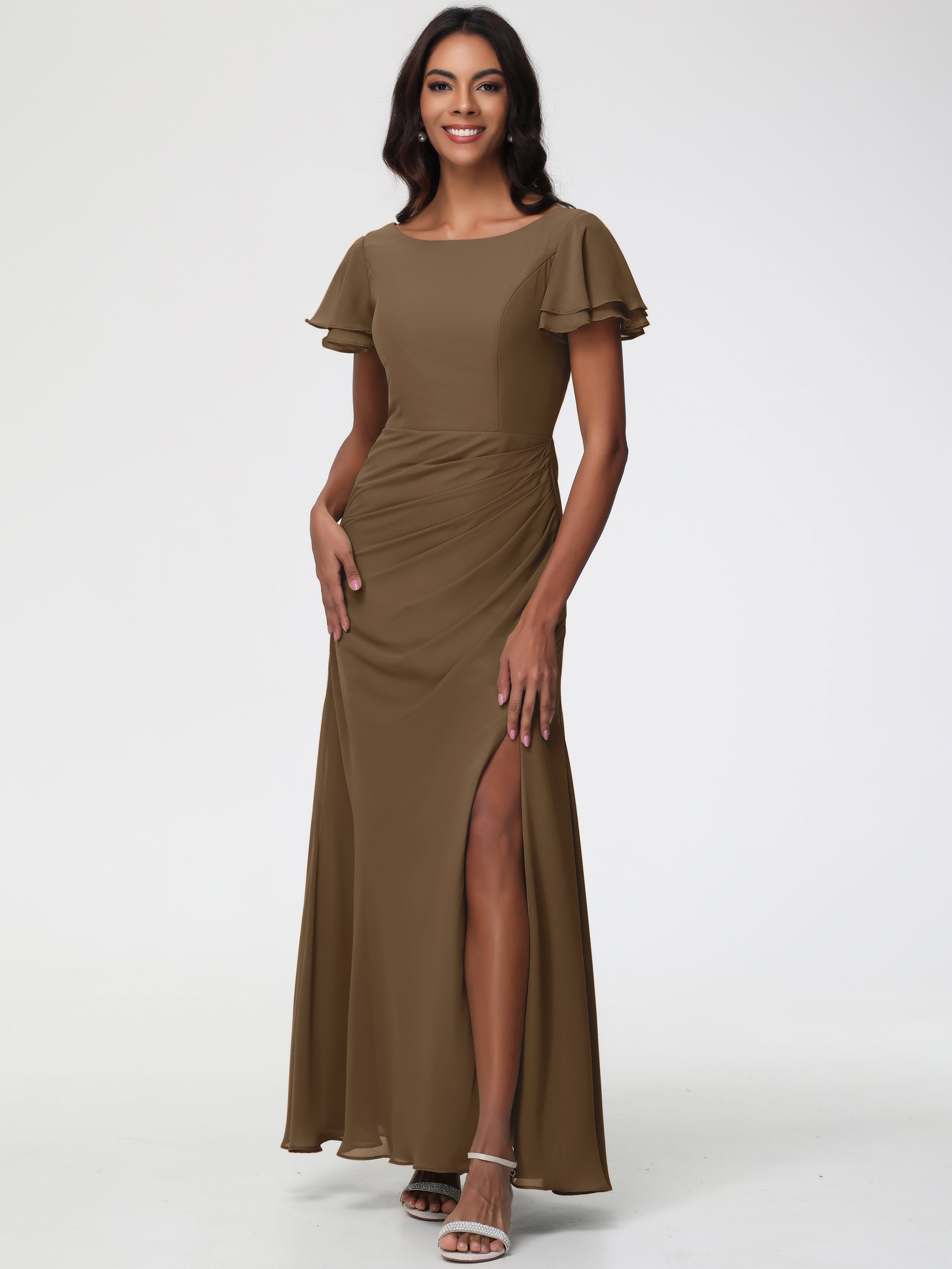 Robe de Demoiselle D'honneur Moka Col Rond Manches à Volants Fourreau/Colonne Mousseline Robe Demoiselle d'Honneur