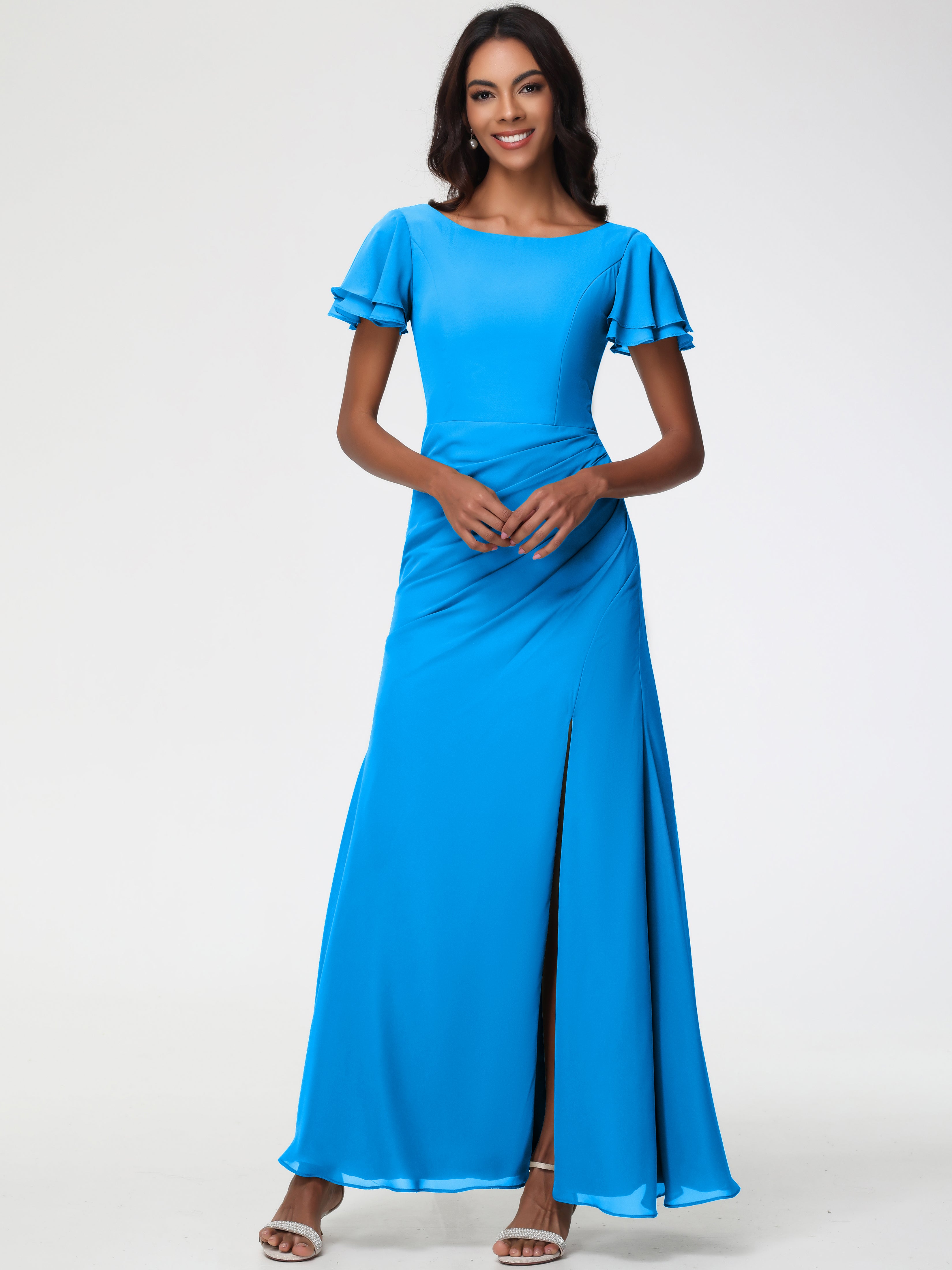 Robes de Demoiselle D'honneur Bleu Océan Col Rond Manches à Volants Fourreau/Colonne Mousseline Robe Demoiselle d'Honneur