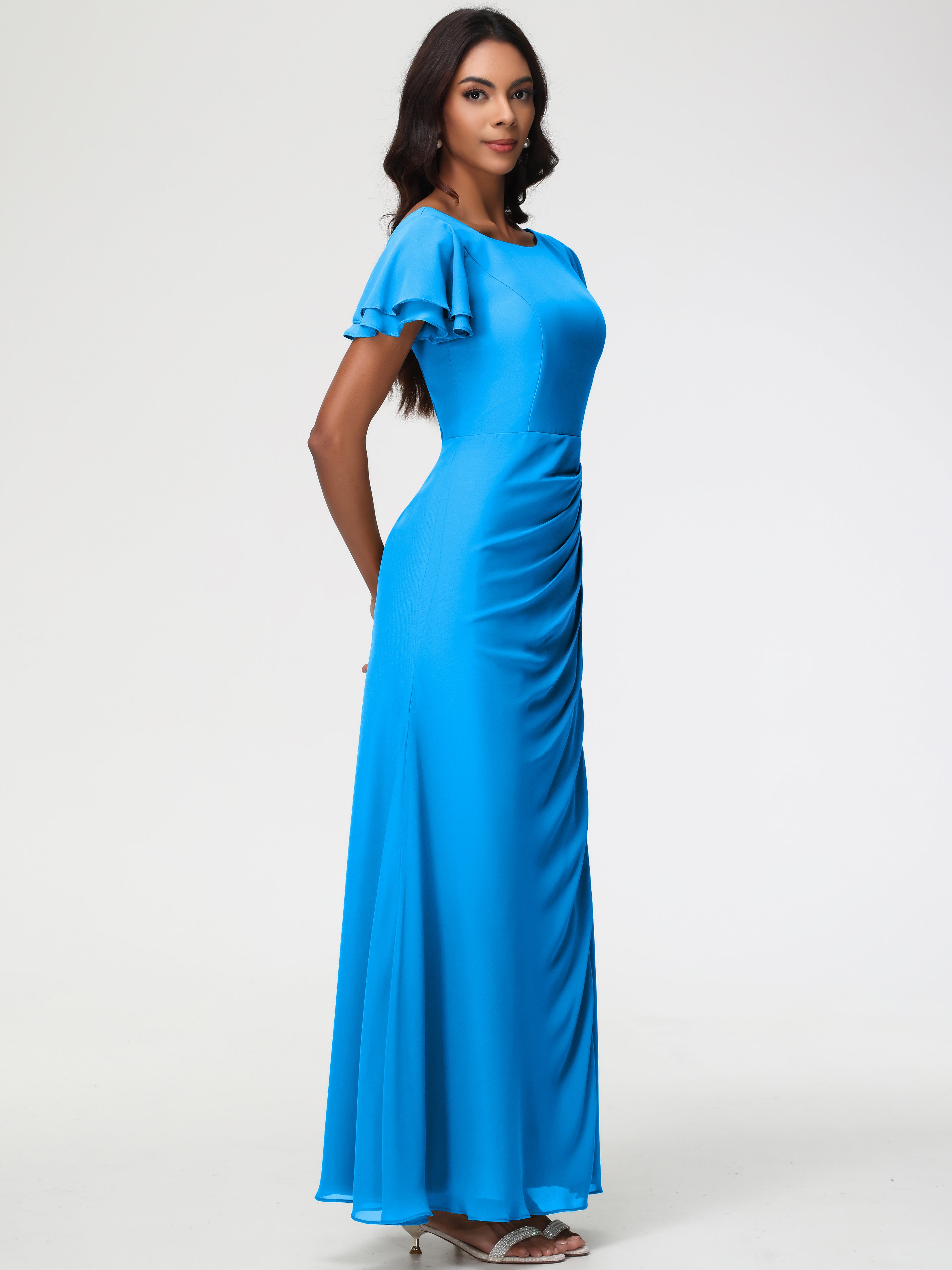 Robes de Demoiselle D'honneur Bleu Océan Col Rond Manches à Volants Fourreau/Colonne Mousseline Robe Demoiselle d'Honneur