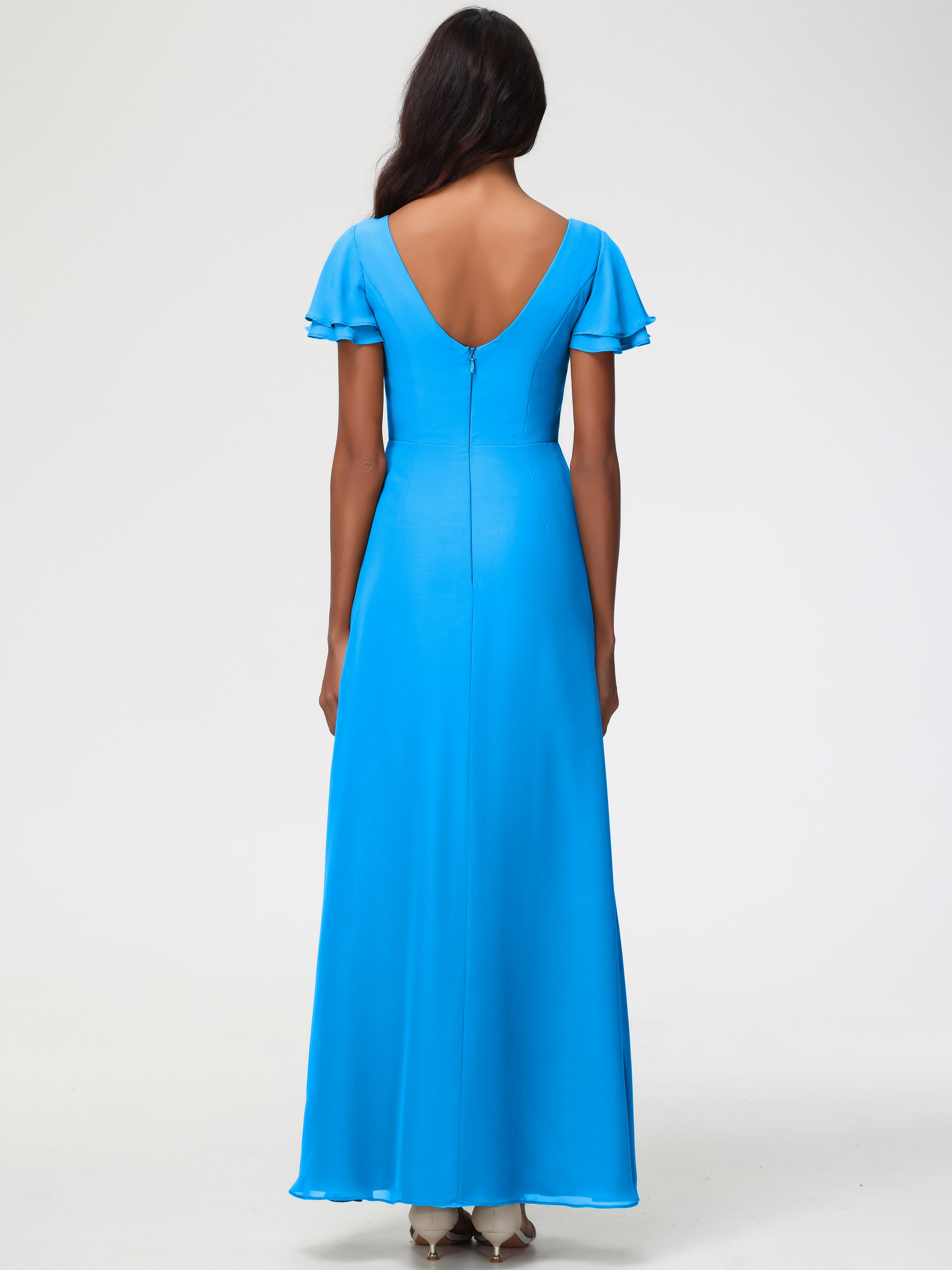 Robes de Demoiselle D'honneur Bleu Océan Col Rond Manches à Volants Fourreau/Colonne Mousseline Robe Demoiselle d'Honneur