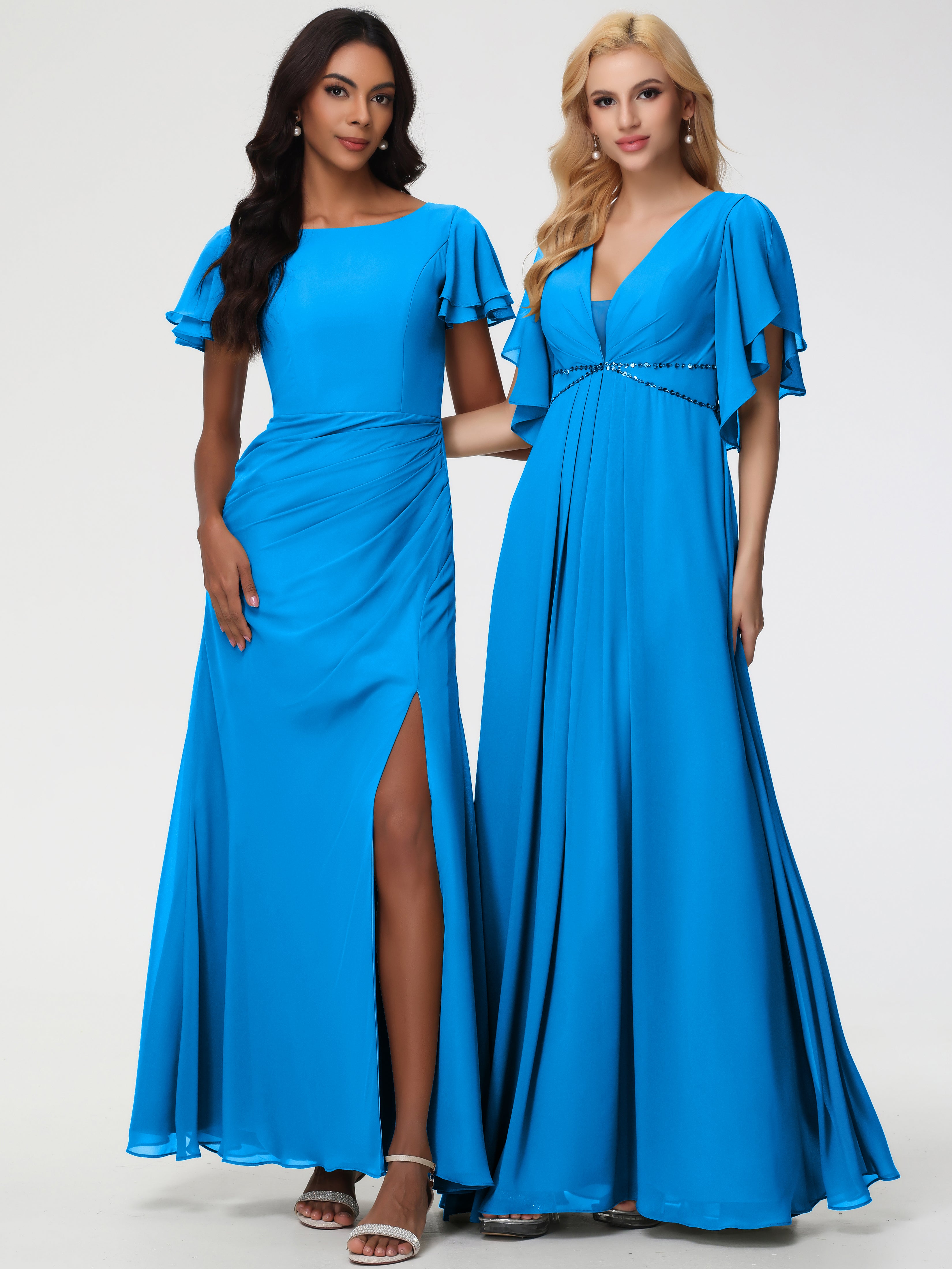 Robes de Demoiselle D'honneur Bleu Océan Col Rond Manches à Volants Fourreau/Colonne Mousseline Robe Demoiselle d'Honneur