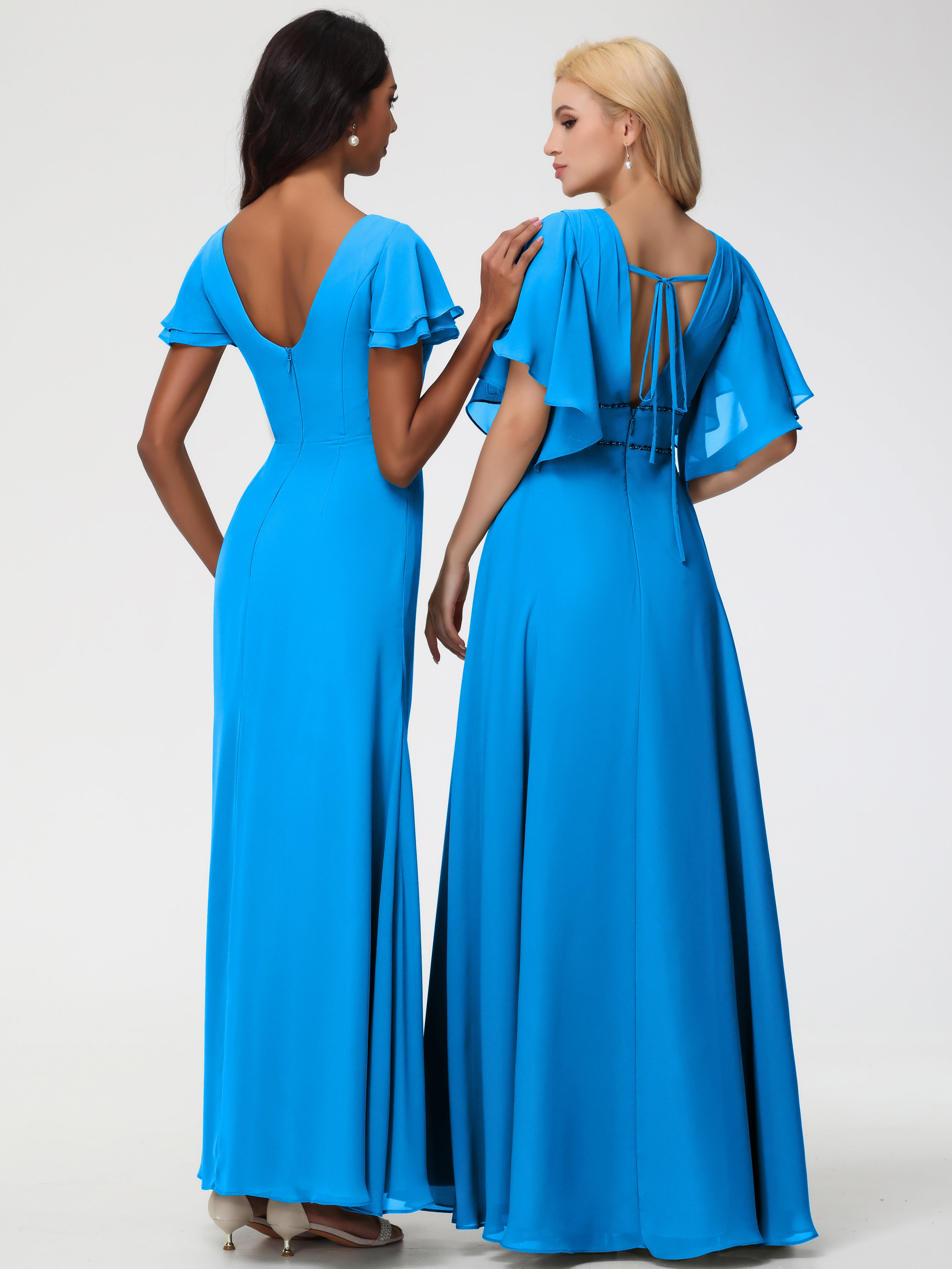 Robes de Demoiselle D'honneur Bleu Océan Col Rond Manches à Volants Fourreau/Colonne Mousseline Robe Demoiselle d'Honneur
