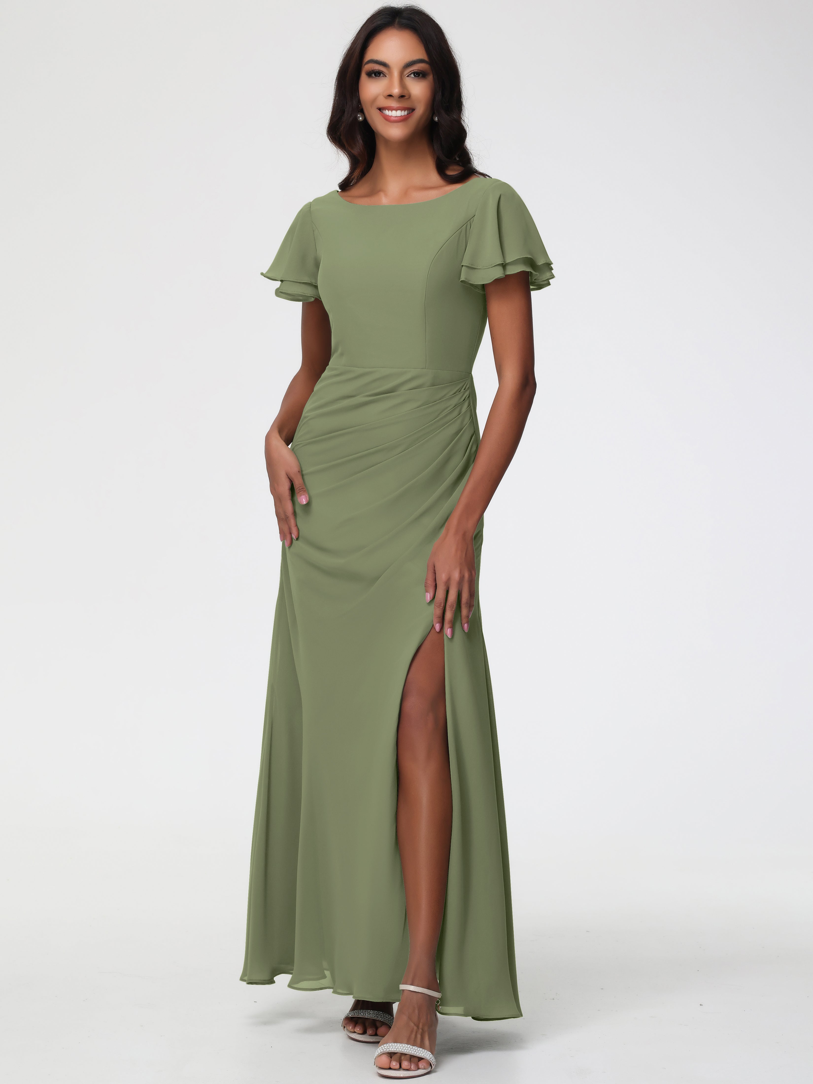 Robe Vert Olive Demoiselle D Honneur Col Rond Manches à Volants Fourreau/Colonne Mousseline Robe Demoiselle d'Honneur