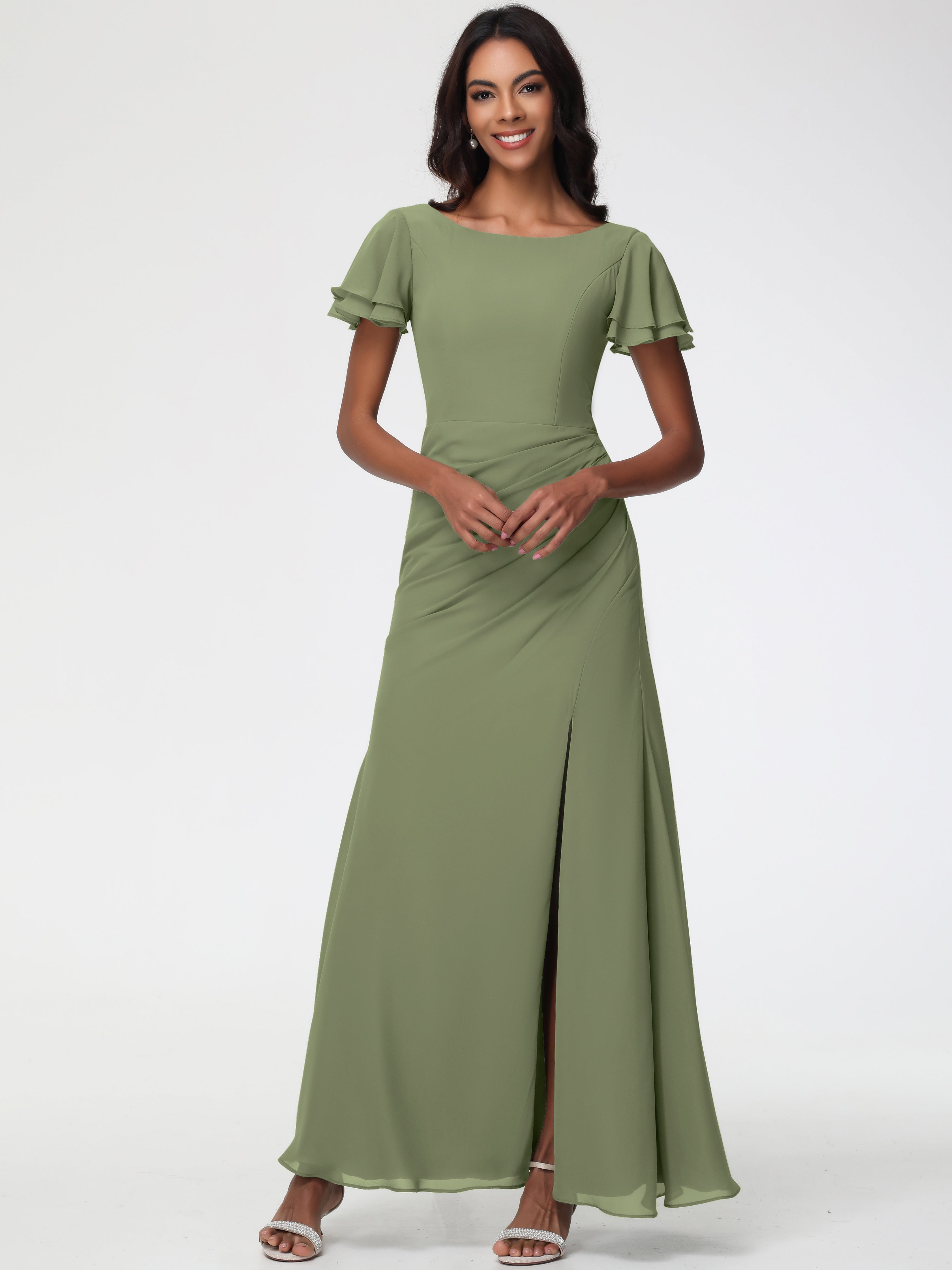 Robe Vert Olive Demoiselle D Honneur Col Rond Manches à Volants Fourreau/Colonne Mousseline Robe Demoiselle d'Honneur