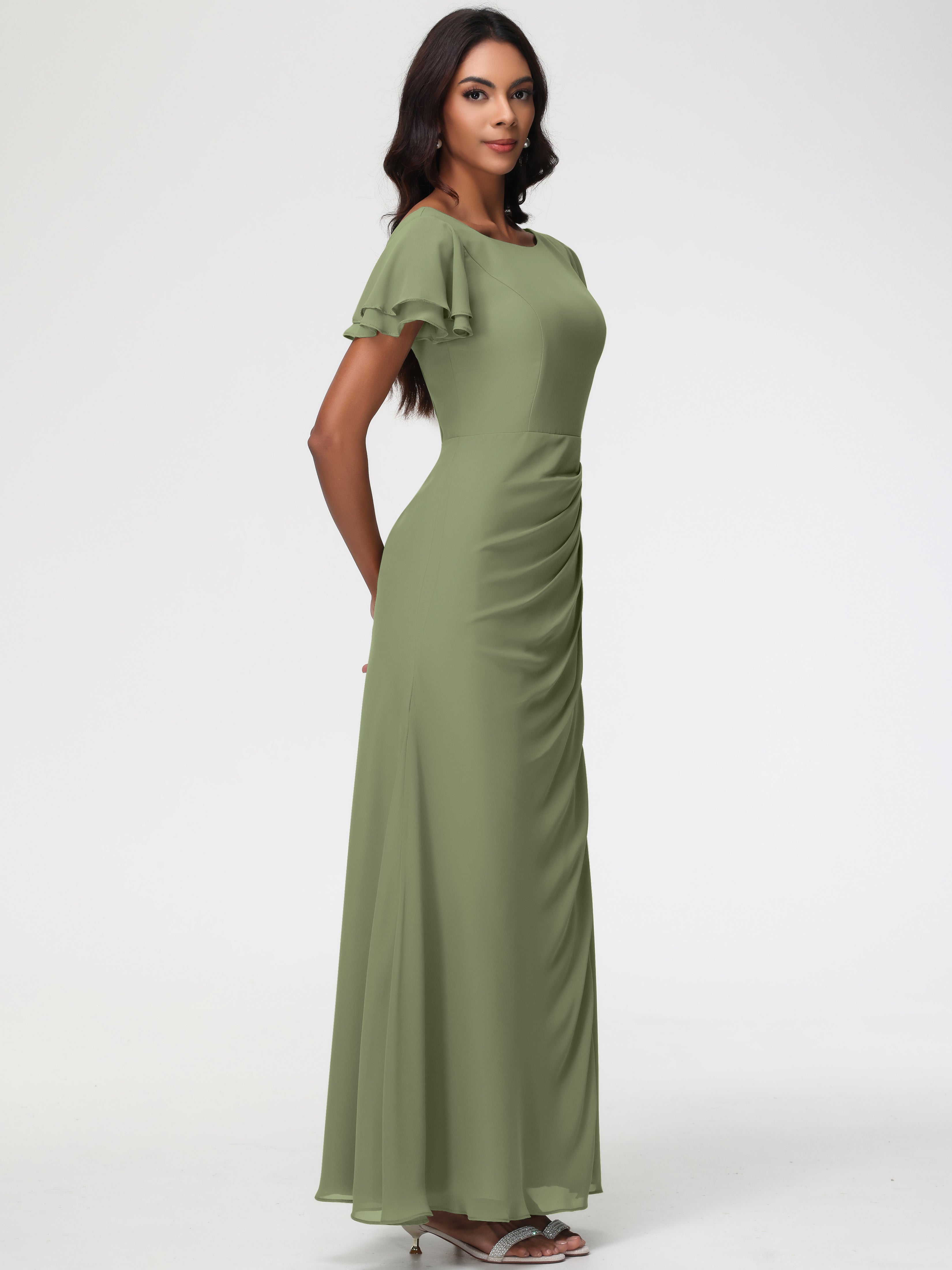 Robe Vert Olive Demoiselle D Honneur Col Rond Manches à Volants Fourreau/Colonne Mousseline Robe Demoiselle d'Honneur