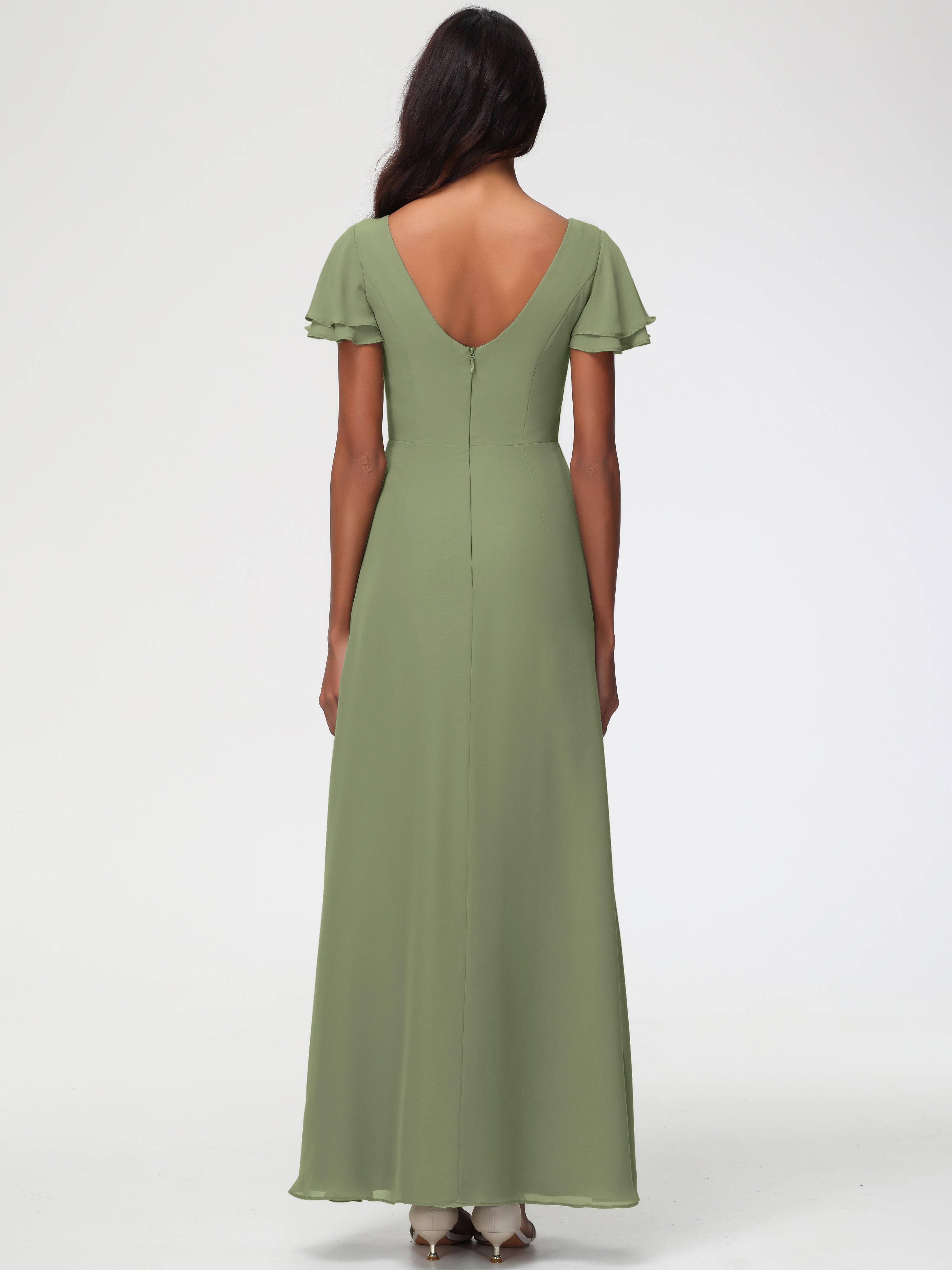 Robe Vert Olive Demoiselle D Honneur Col Rond Manches à Volants Fourreau/Colonne Mousseline Robe Demoiselle d'Honneur