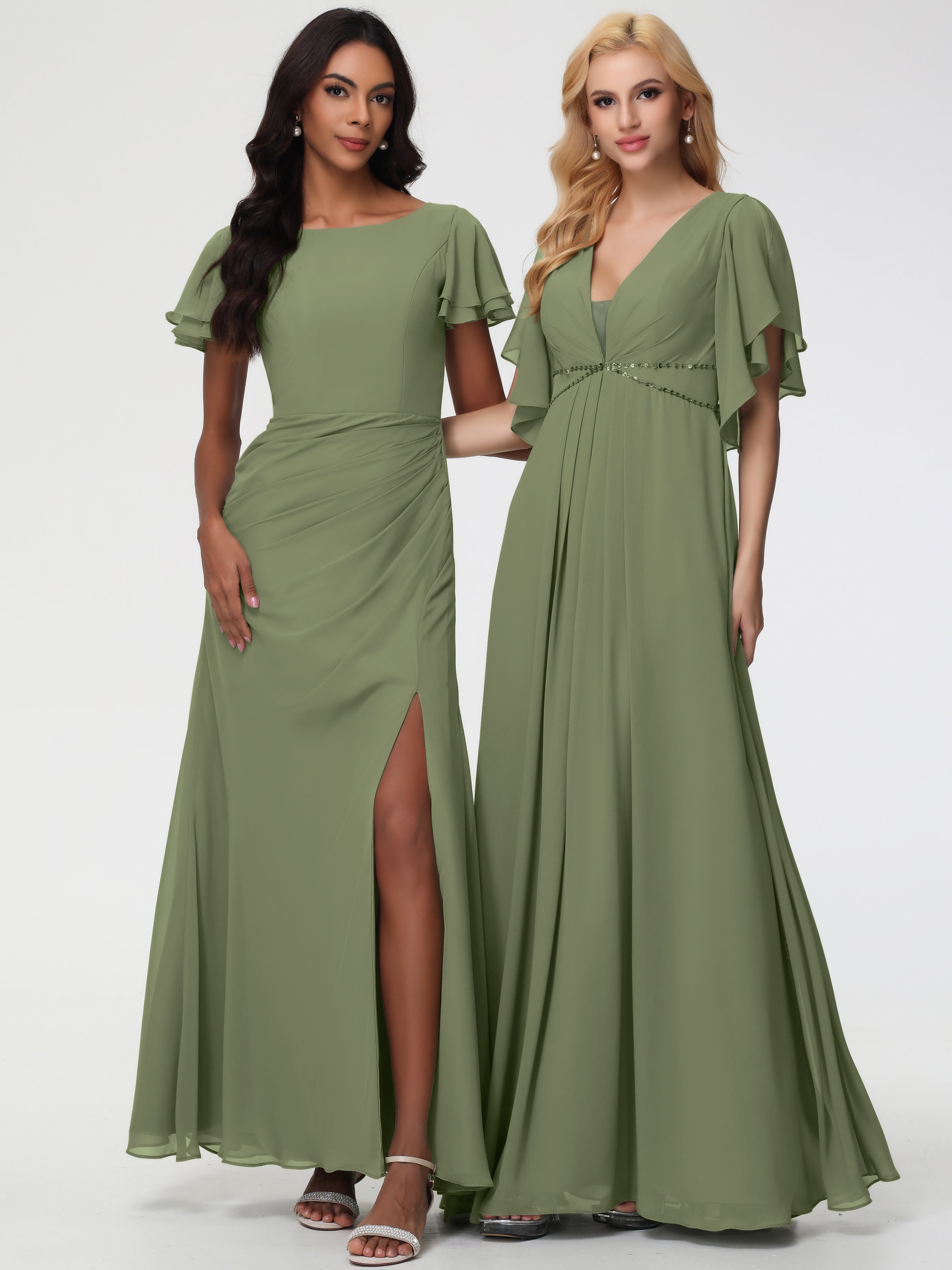 Robe Vert Olive Demoiselle D Honneur Col Rond Manches à Volants Fourreau/Colonne Mousseline Robe Demoiselle d'Honneur