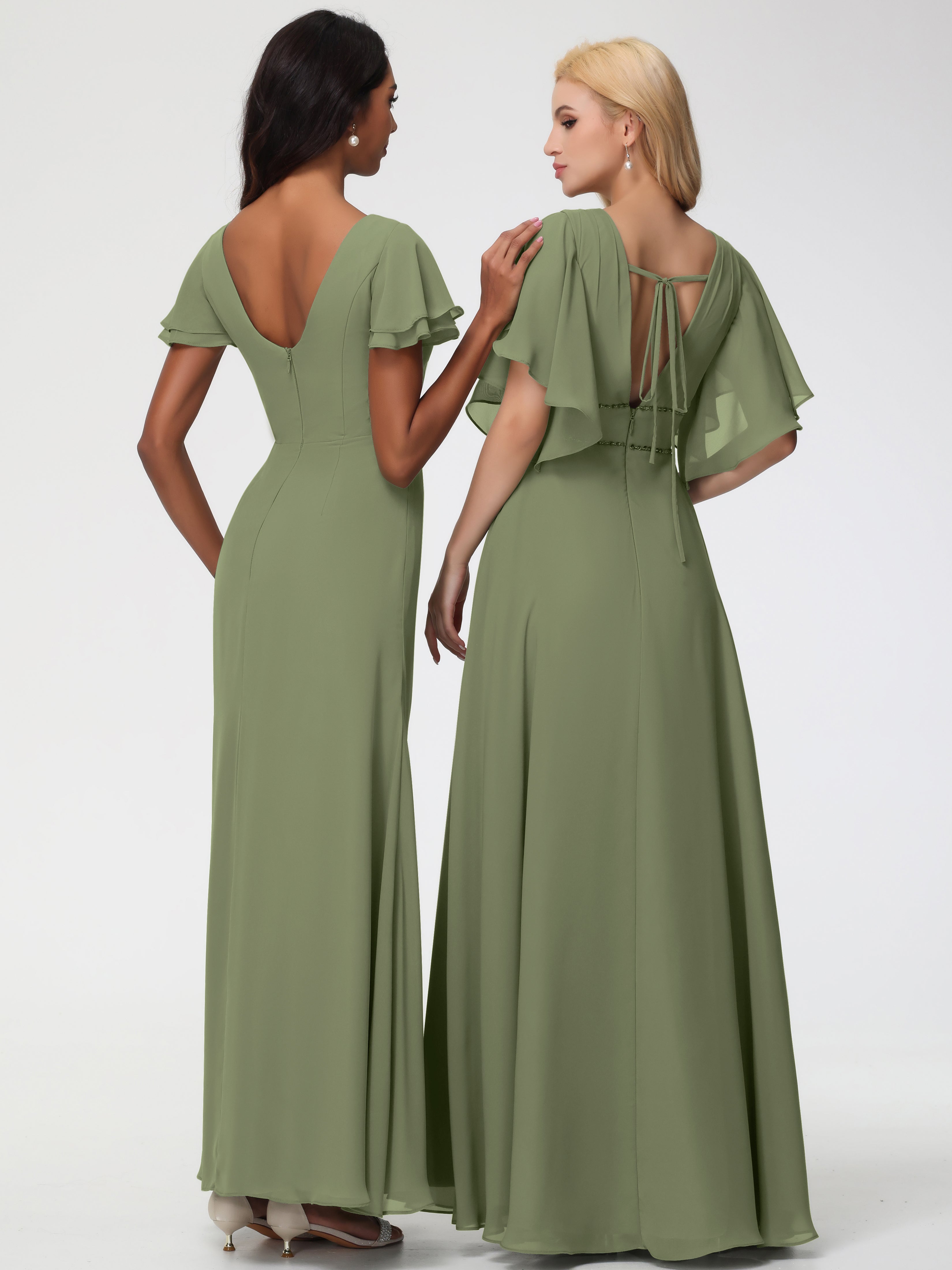 Robe Vert Olive Demoiselle D Honneur Col Rond Manches à Volants Fourreau/Colonne Mousseline Robe Demoiselle d'Honneur