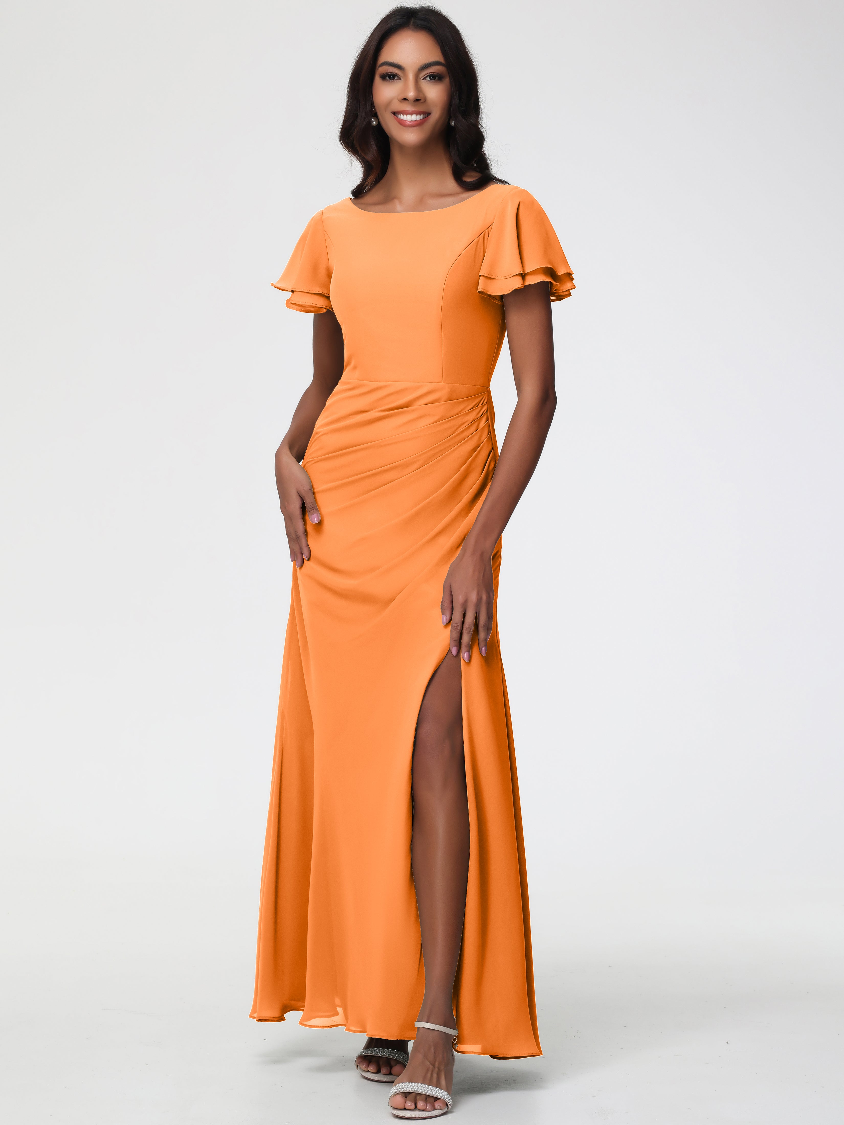 Robe Orange Demoiselle D Honneur Col Rond Manches à Volants Fourreau/Colonne Mousseline Robe Demoiselle d'Honneur