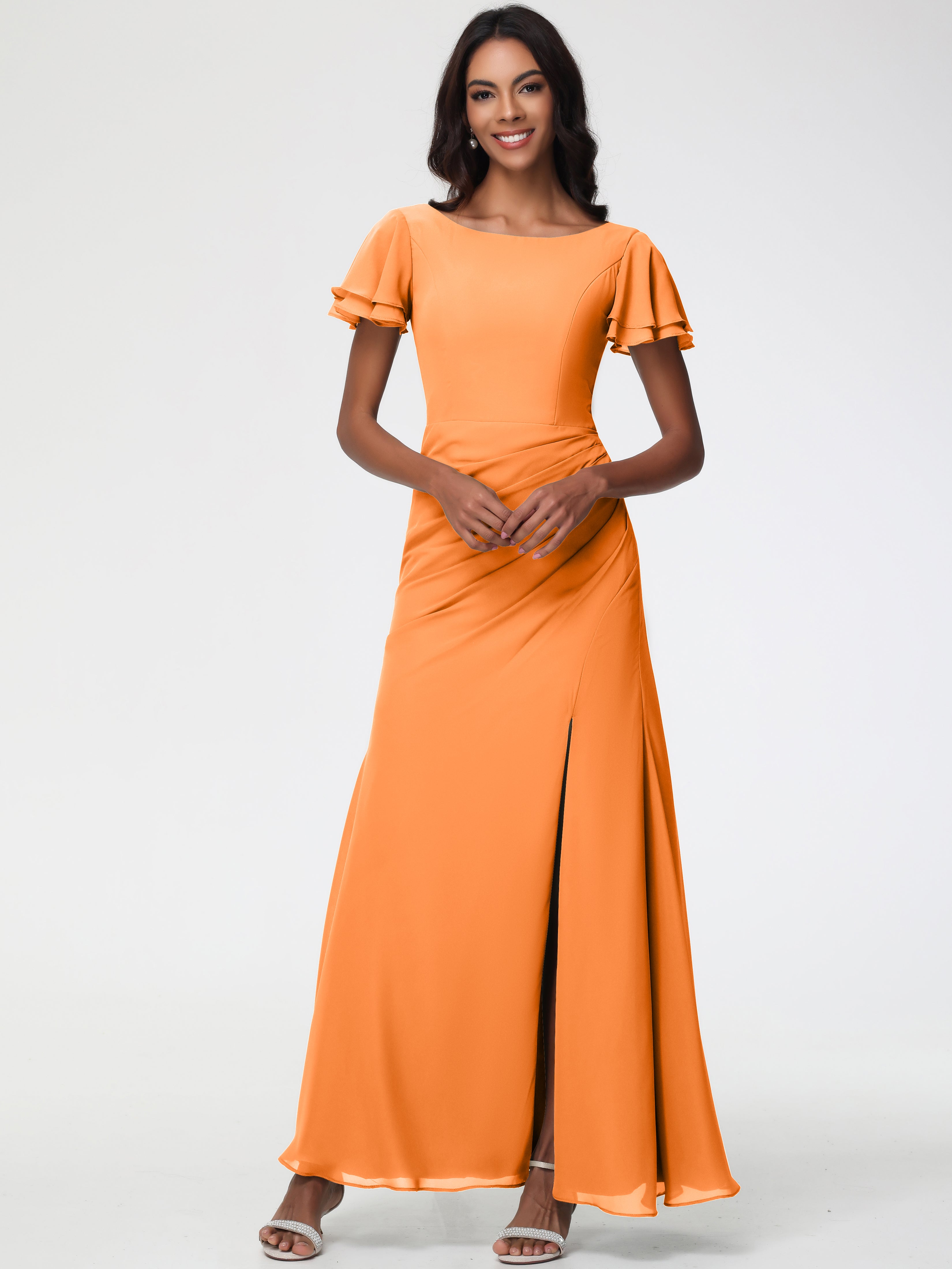 Robe Orange Demoiselle D Honneur Col Rond Manches à Volants Fourreau/Colonne Mousseline Robe Demoiselle d'Honneur
