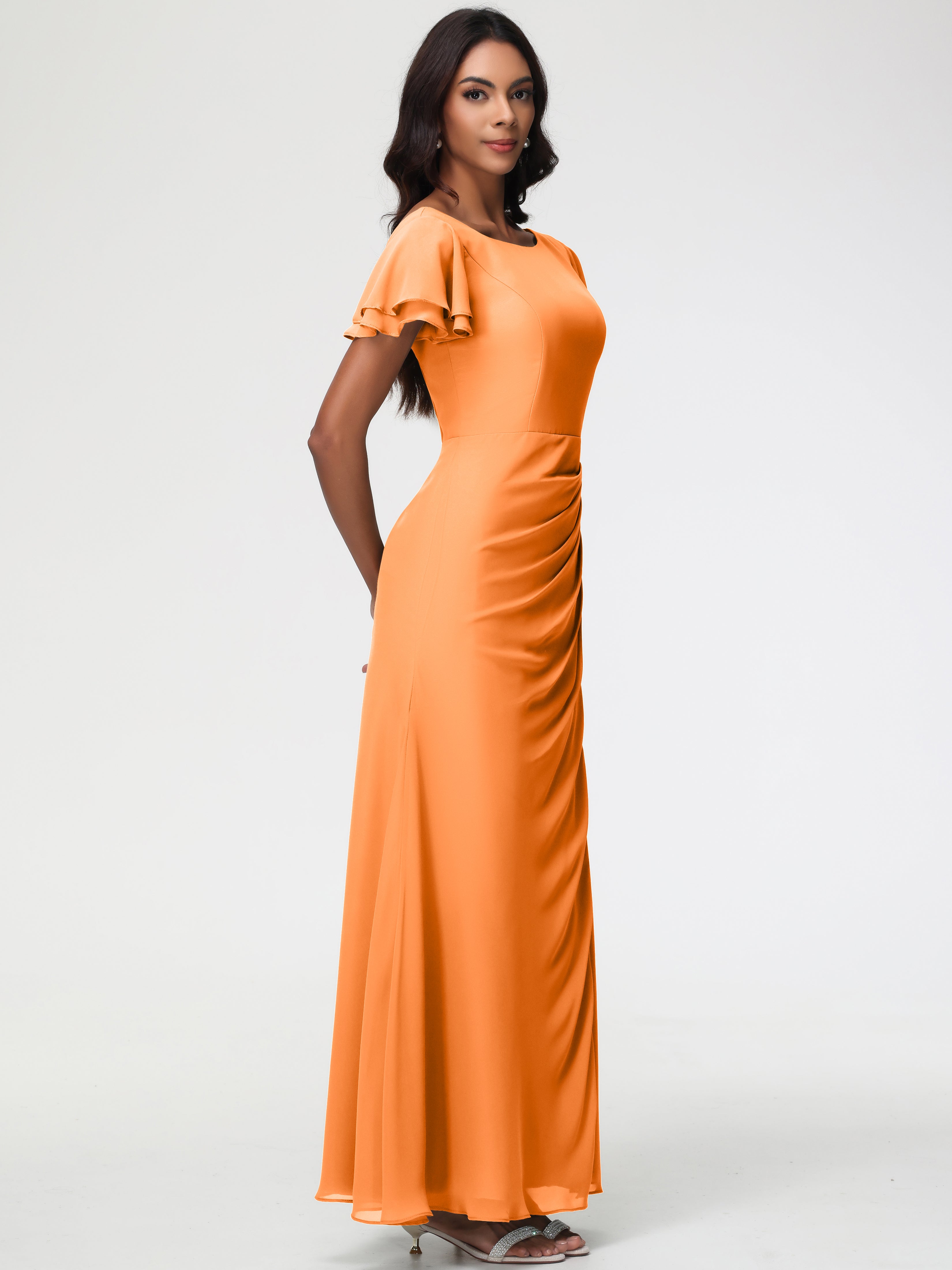 Robe Orange Demoiselle D Honneur Col Rond Manches à Volants Fourreau/Colonne Mousseline Robe Demoiselle d'Honneur