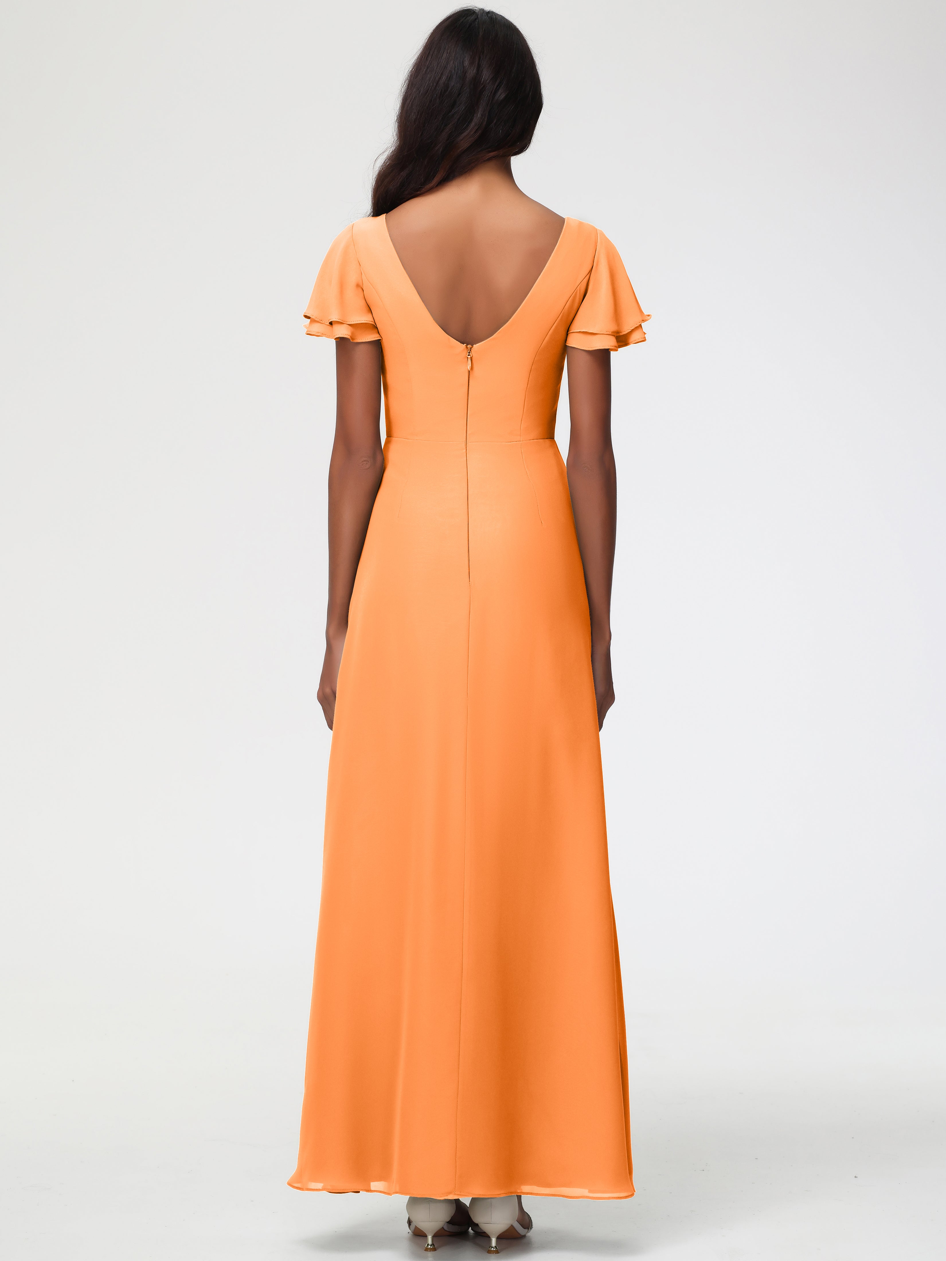Robe Orange Demoiselle D Honneur Col Rond Manches à Volants Fourreau/Colonne Mousseline Robe Demoiselle d'Honneur