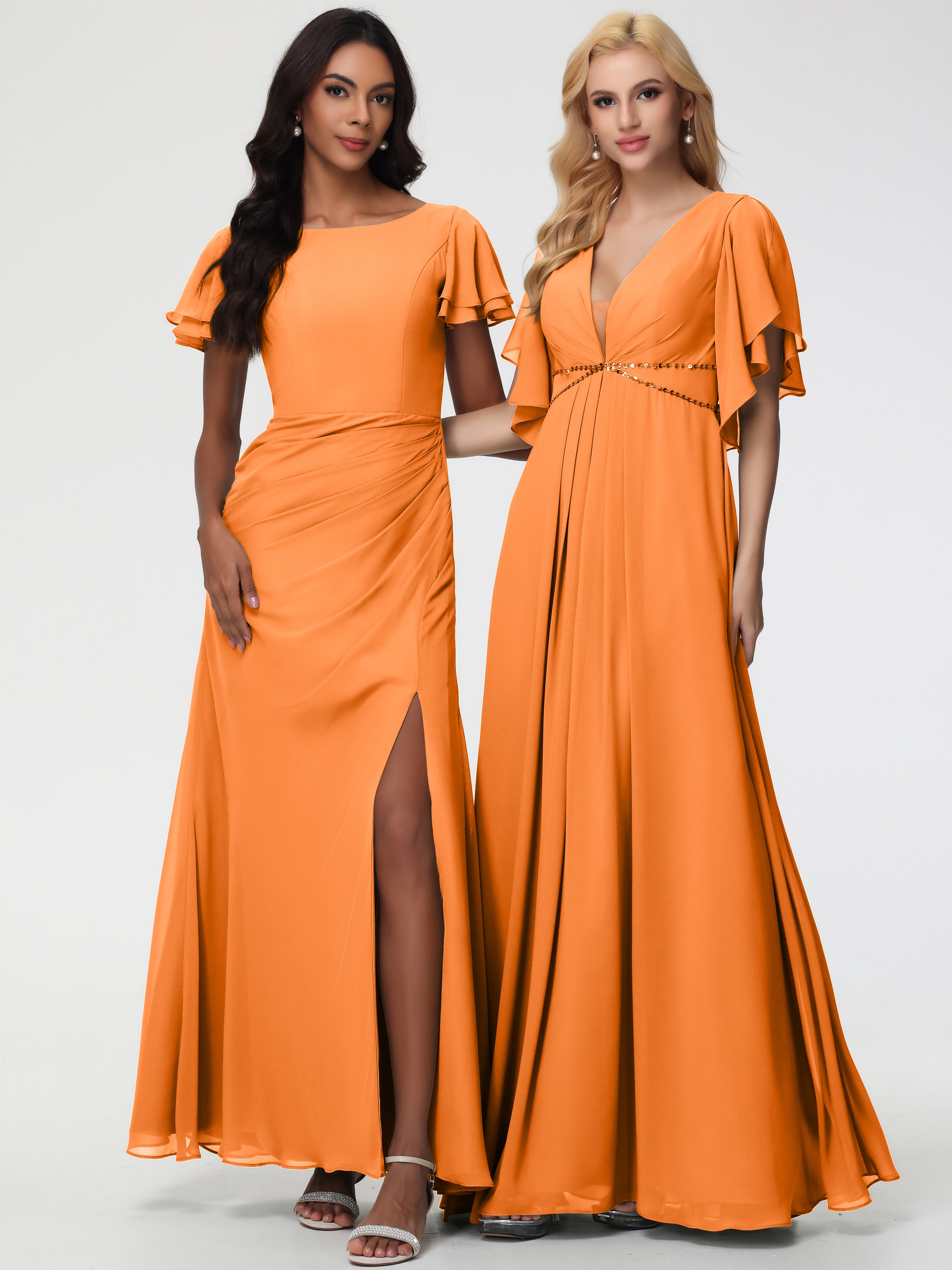 Robe Orange Demoiselle D Honneur Col Rond Manches à Volants Fourreau/Colonne Mousseline Robe Demoiselle d'Honneur