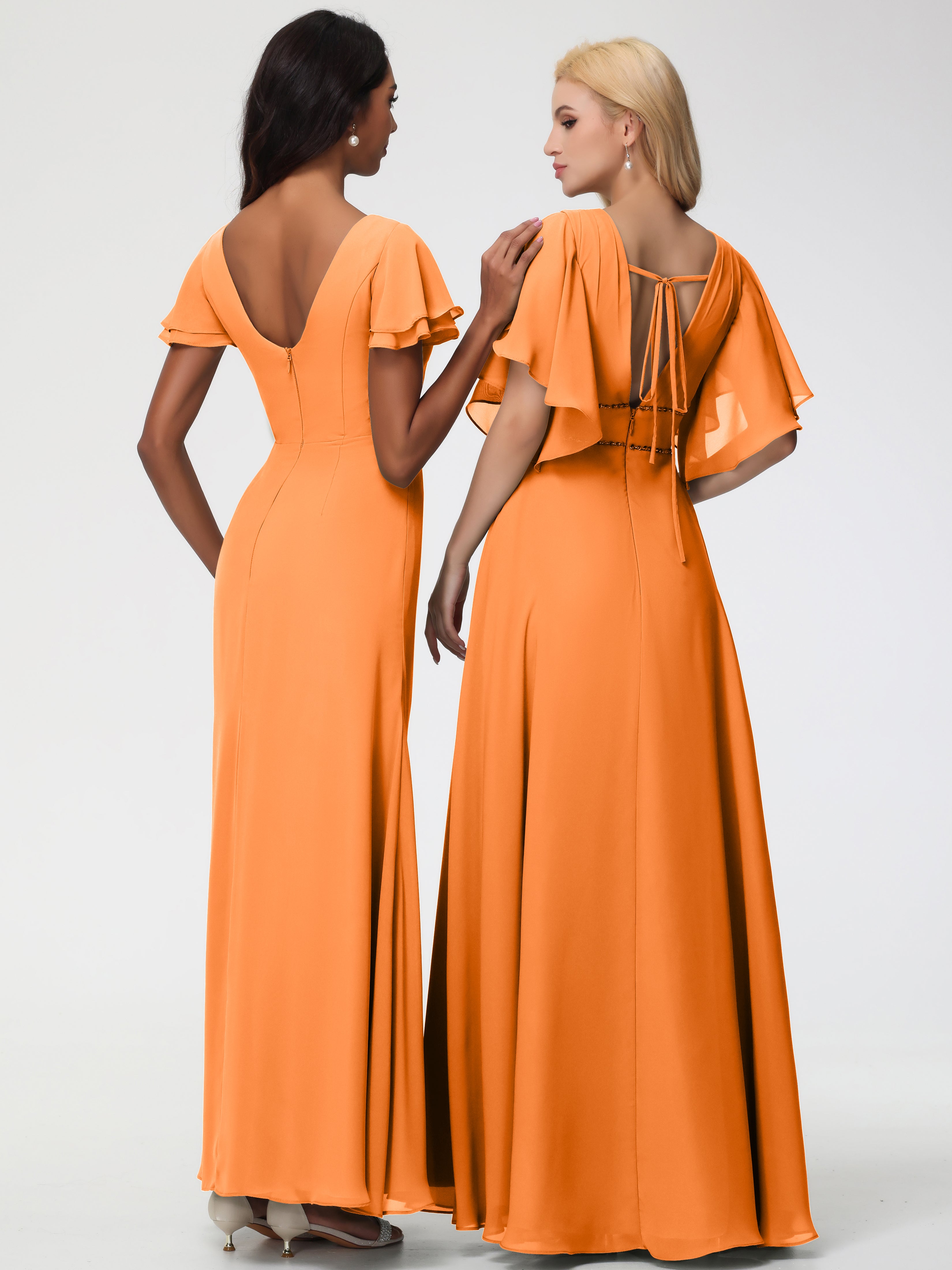 Robe Orange Demoiselle D Honneur Col Rond Manches à Volants Fourreau/Colonne Mousseline Robe Demoiselle d'Honneur