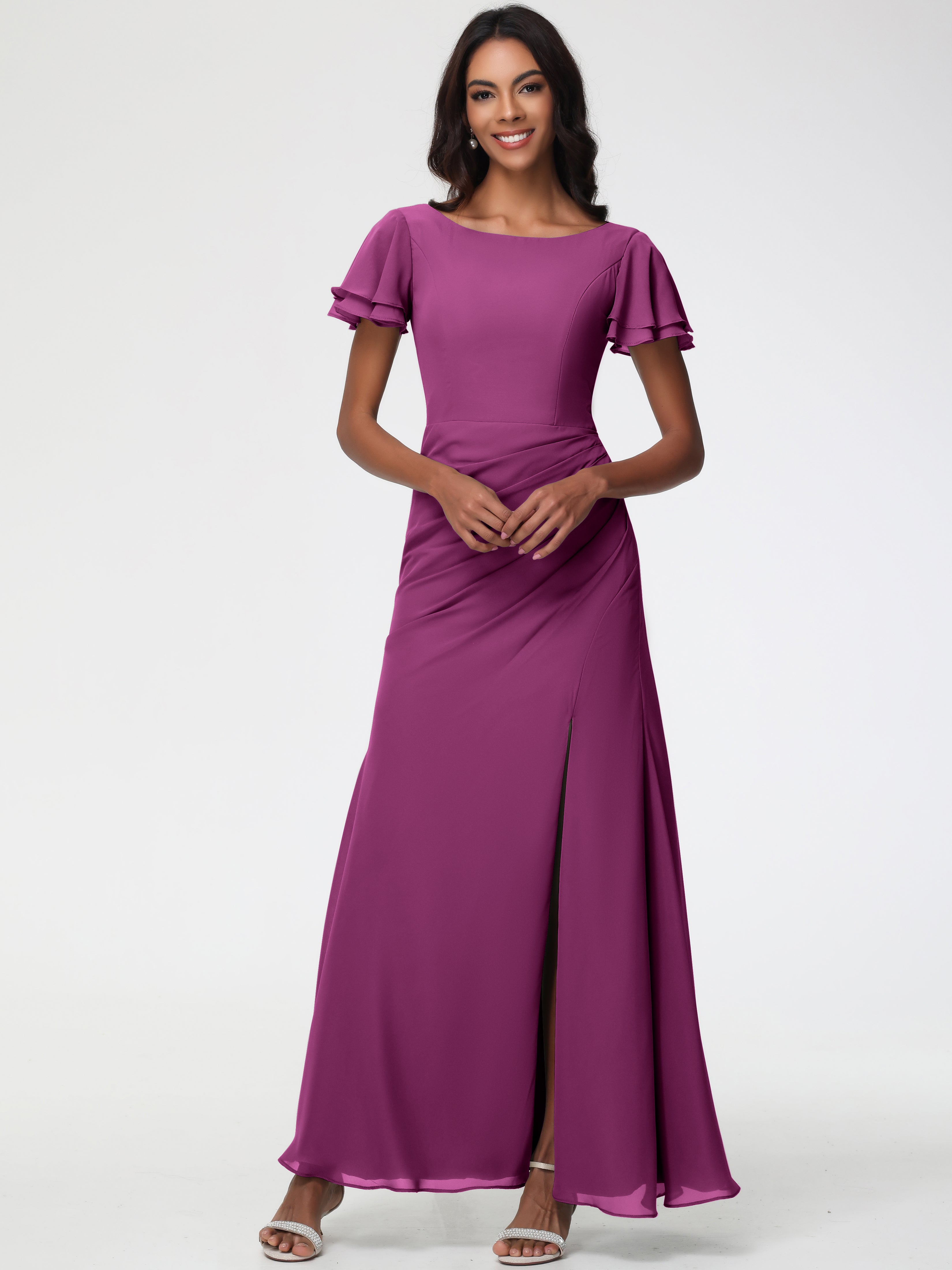 Robes de Demoiselle D'honneur Orchidée Col Rond Manches à Volants Fourreau/Colonne Mousseline Robe Demoiselle d'Honneur