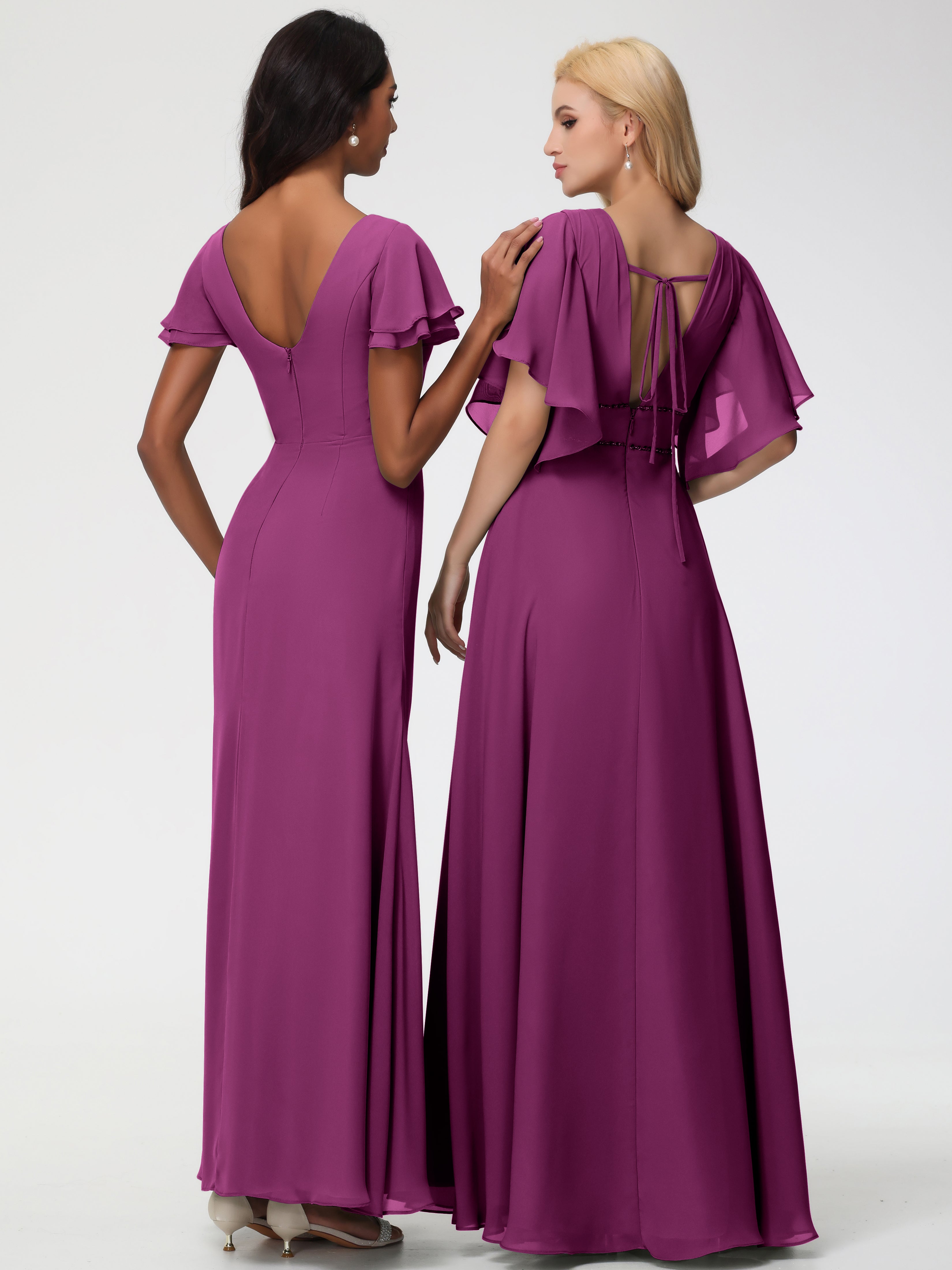 Robes de Demoiselle D'honneur Orchidée Col Rond Manches à Volants Fourreau/Colonne Mousseline Robe Demoiselle d'Honneur