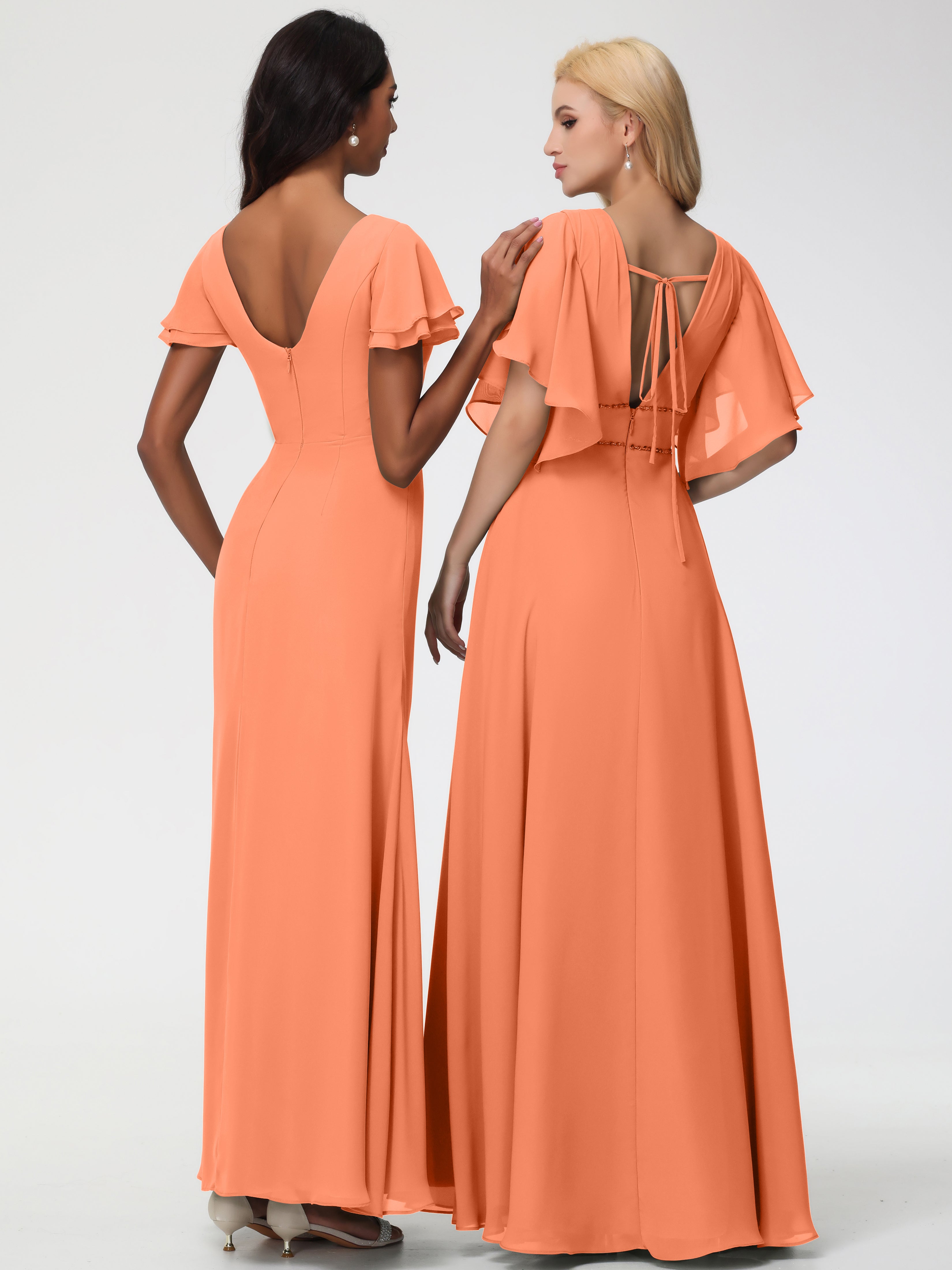 Robes de Demoiselle D'honneur Papaye Col Rond Manches à Volants Fourreau/Colonne Mousseline Robe Demoiselle d'Honneur