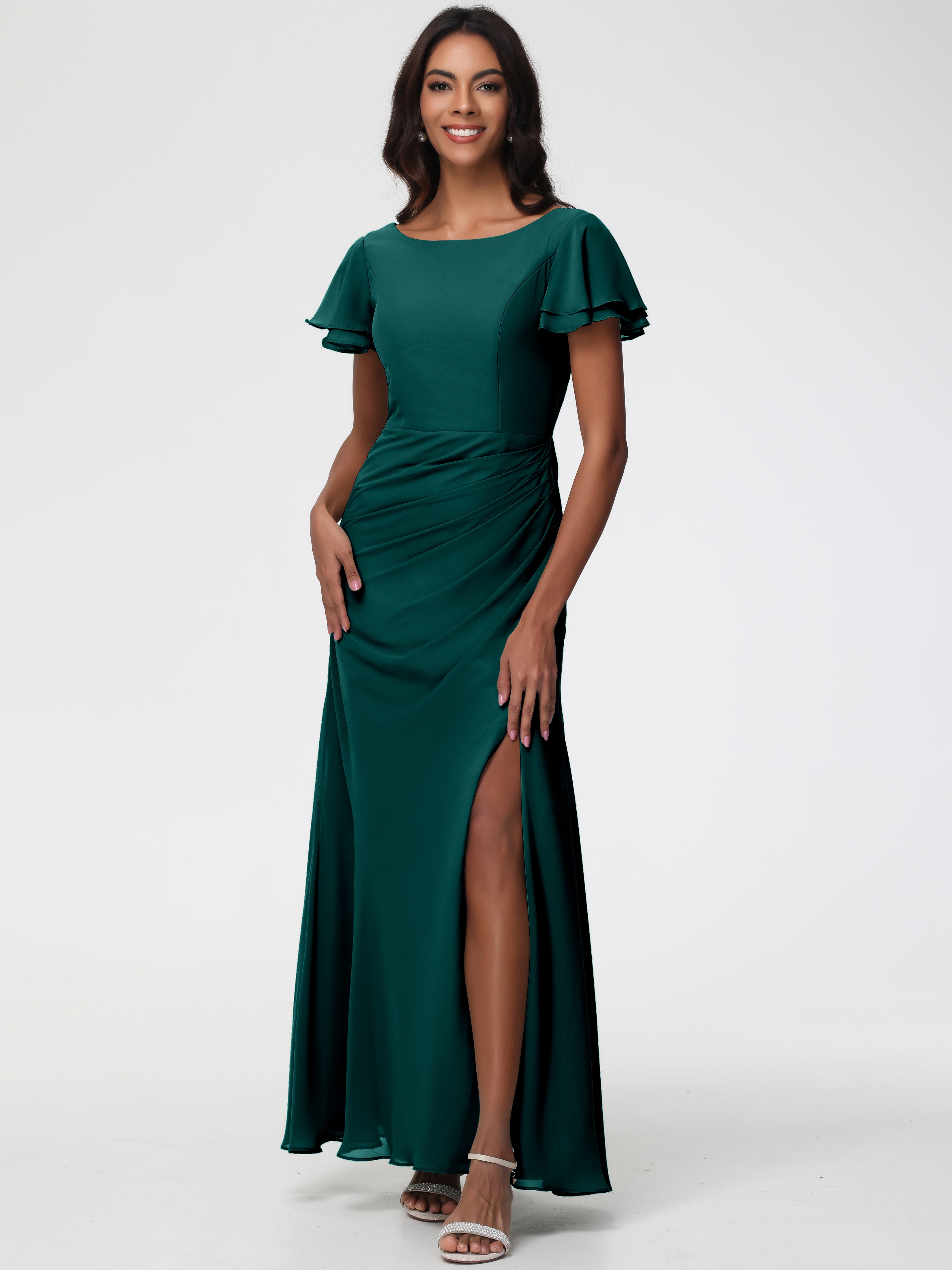 Robes de Demoiselle D'honneur Couleur Paon Col Rond Manches à Volants Fourreau/Colonne Mousseline Robe Demoiselle d'Honneur