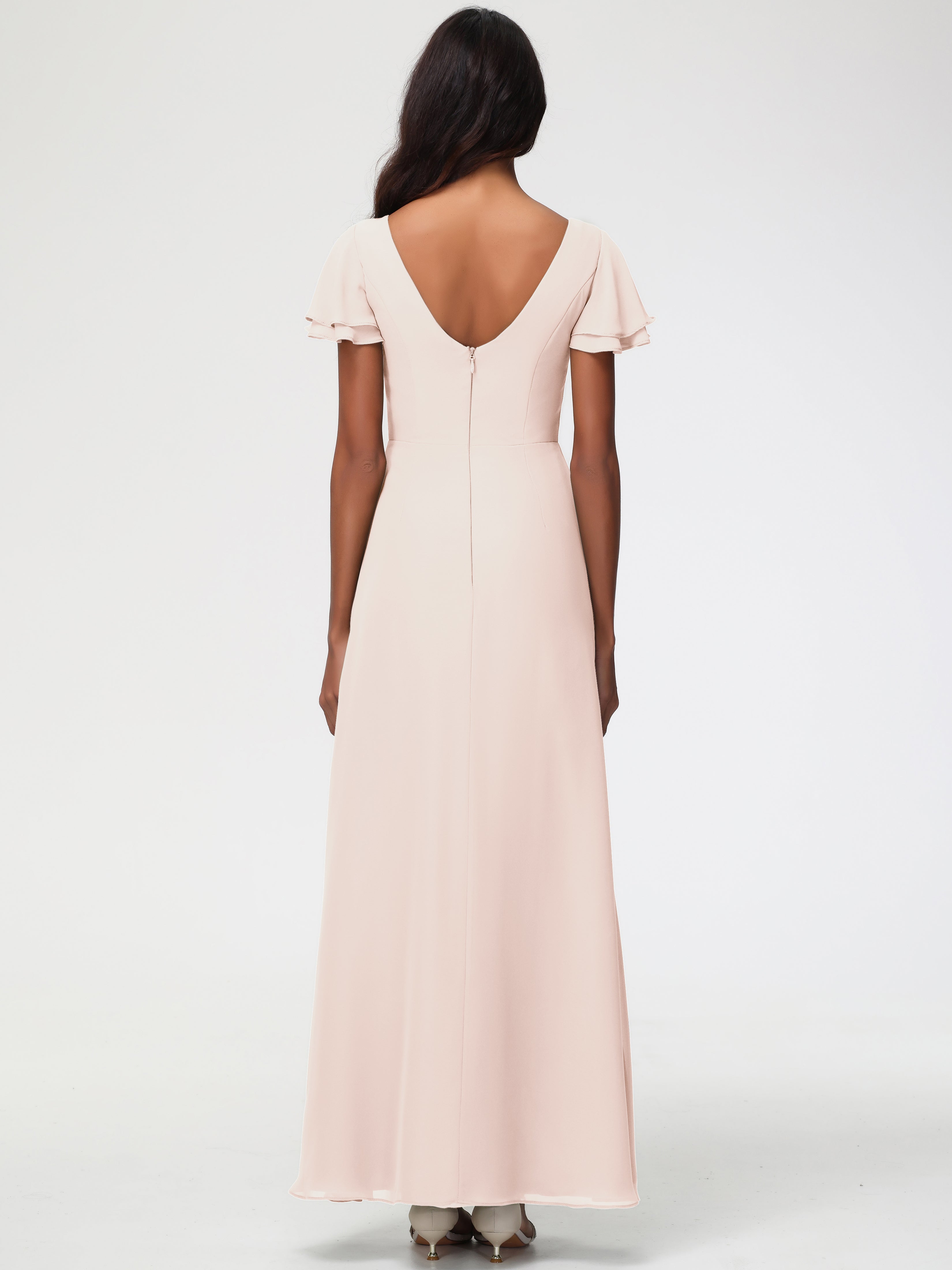 Robe de Demoiselle D'honneur en Perles Col Rond Manches à Volants Fourreau/Colonne Mousseline Robe Demoiselle d'Honneur