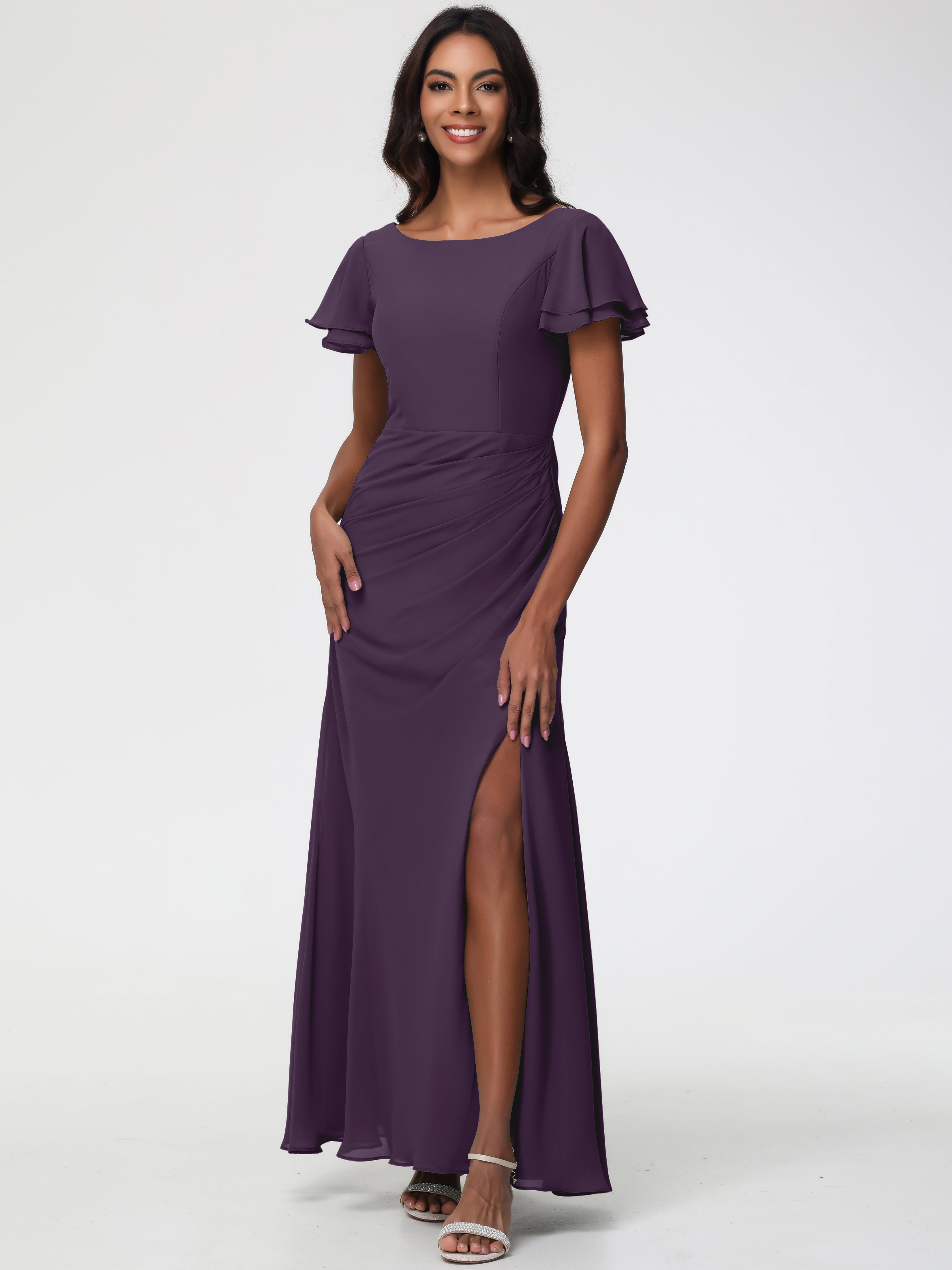 Robe de Demoiselle D'honneur en Plum Col Rond Manches à Volants Fourreau/Colonne Mousseline Robe Demoiselle d'Honneur